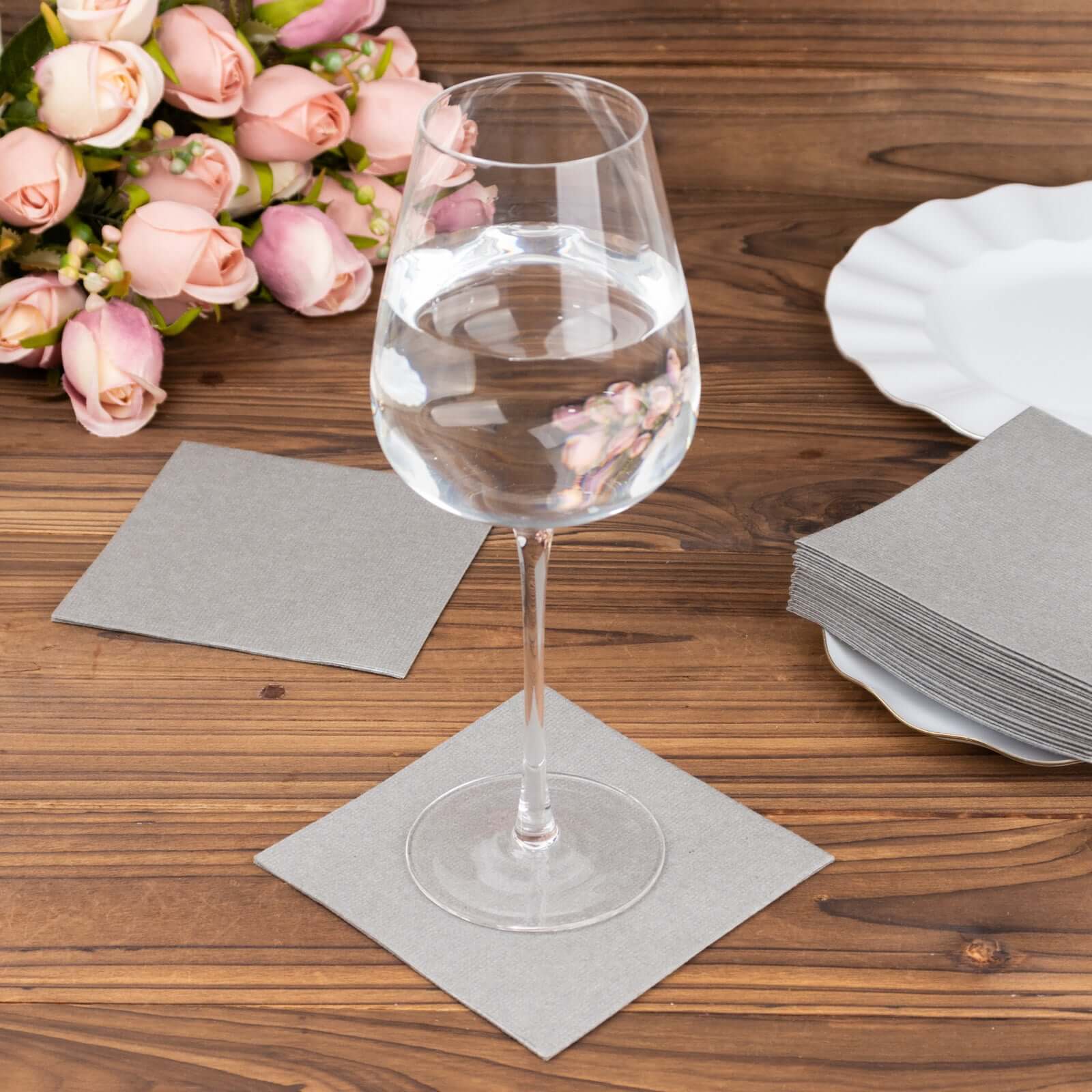 20-Pack Paper Linen-Like Cocktail Napkins Silver - Disposable 5"x5" Airlaid Soft Napkins