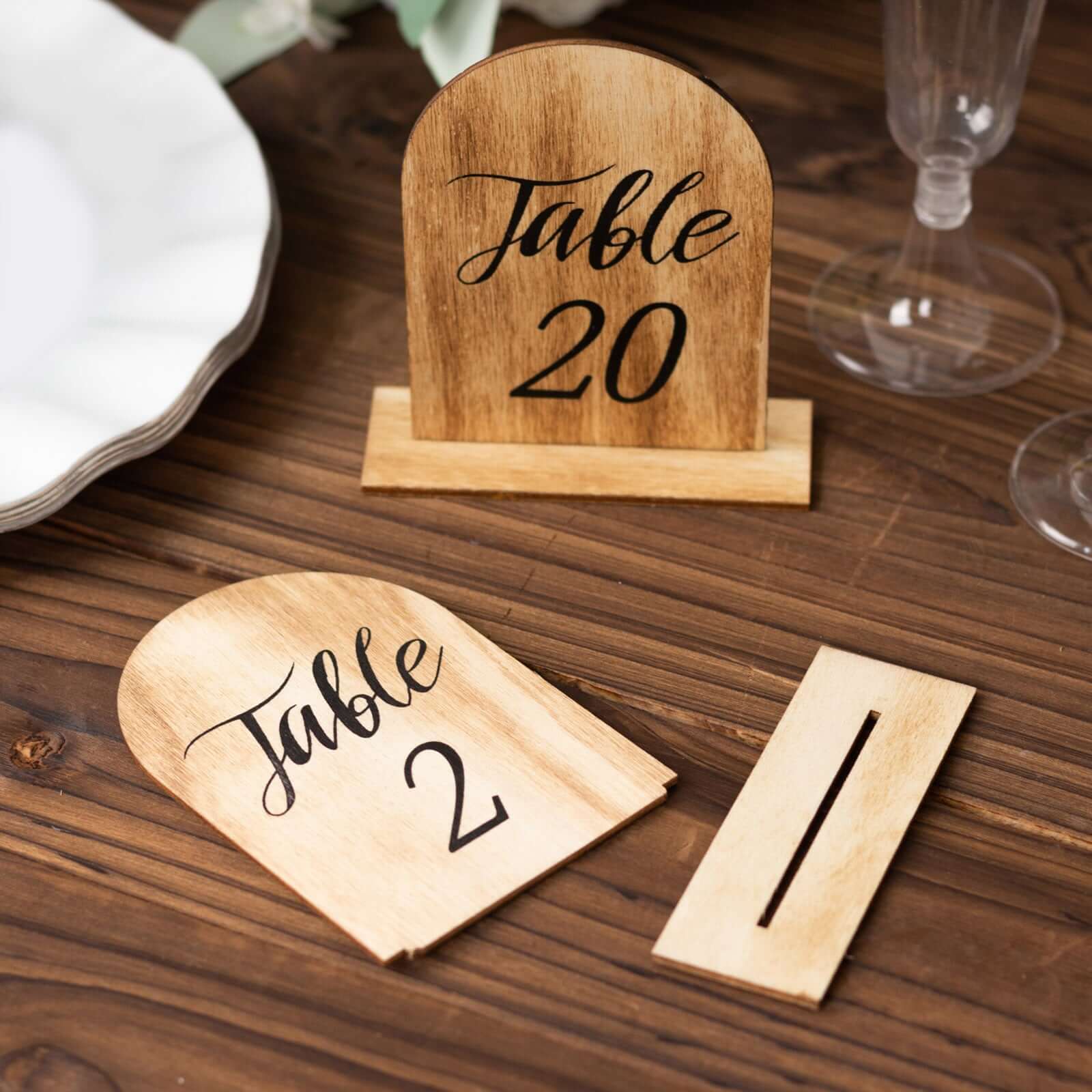20-Pack Natural Wooden Table Numbers 1-20 Rustic Arch Design with Removable Base - Ideal for Banquets and Receptions 4.5"