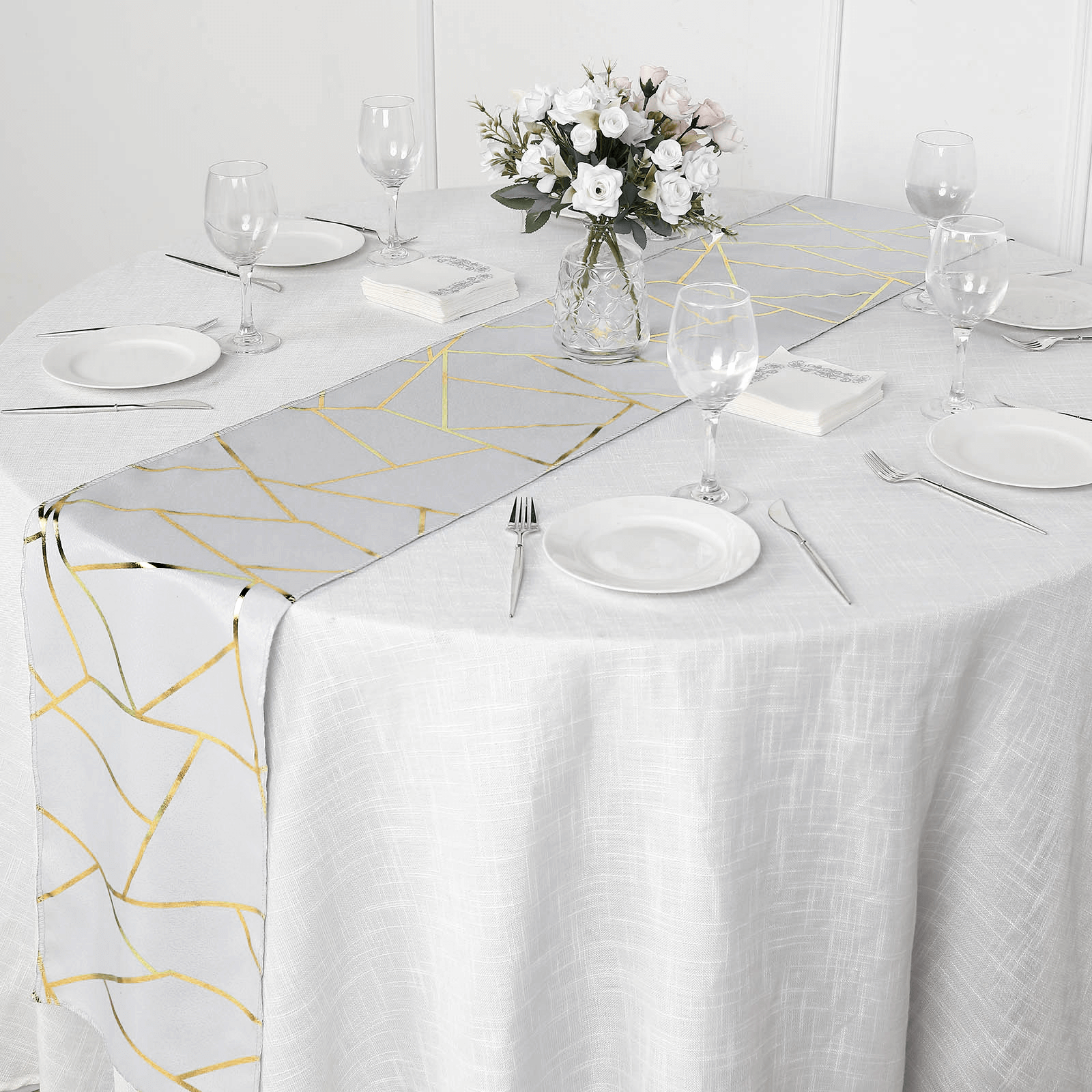 9ft Silver Gold Foil Geometric Pattern Polyester Table Runner