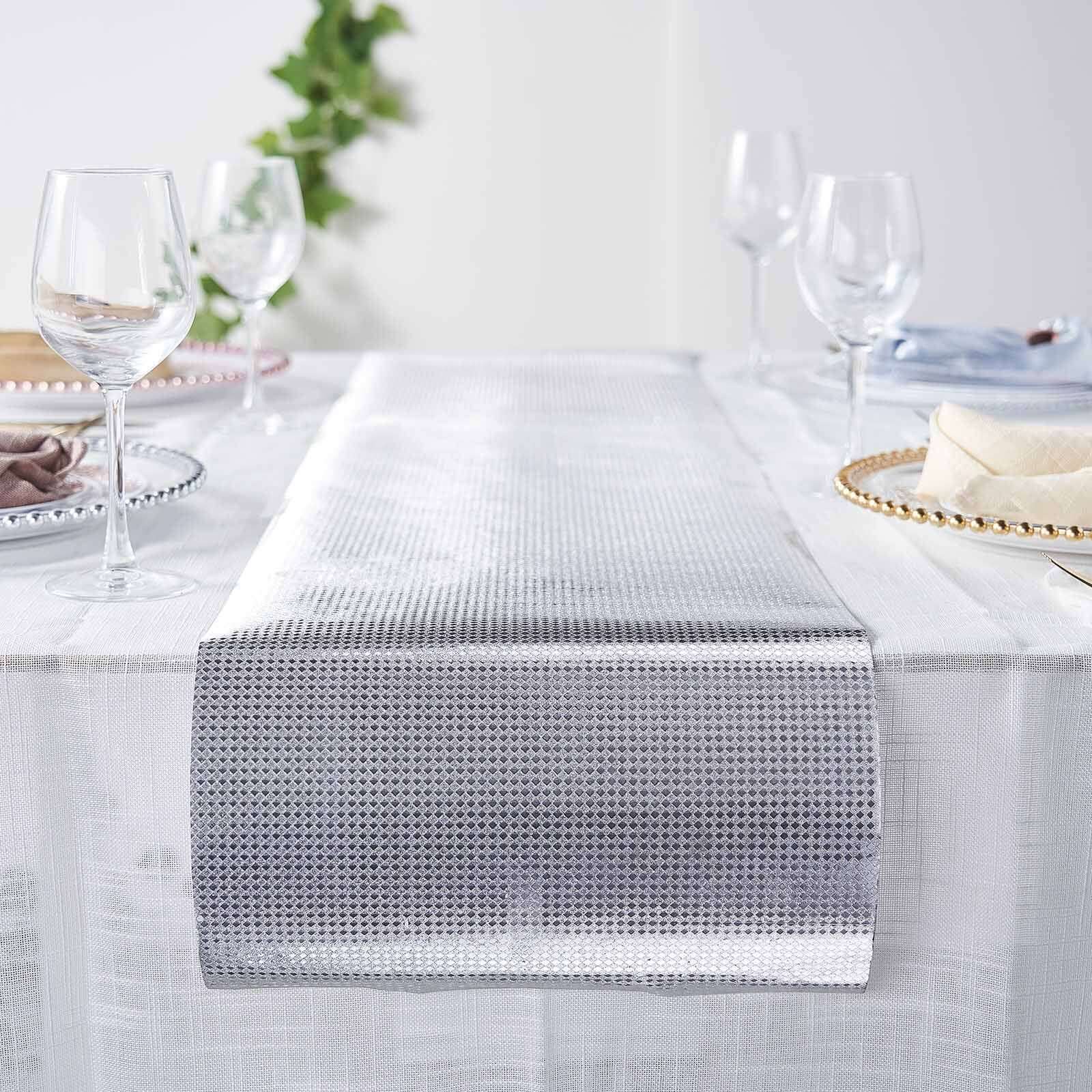 Glitter Paper 9ft Table Runner Roll Silver Disposable Diamond Pattern Table Decor