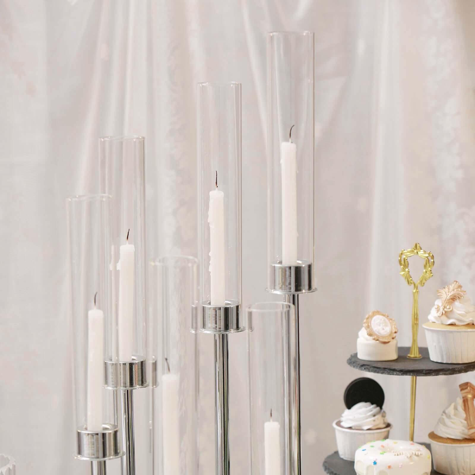 6-Arm Cluster Taper Candle Holder Silver with Clear Glass Shades - Sleek Candle Display for Gatherings 24"