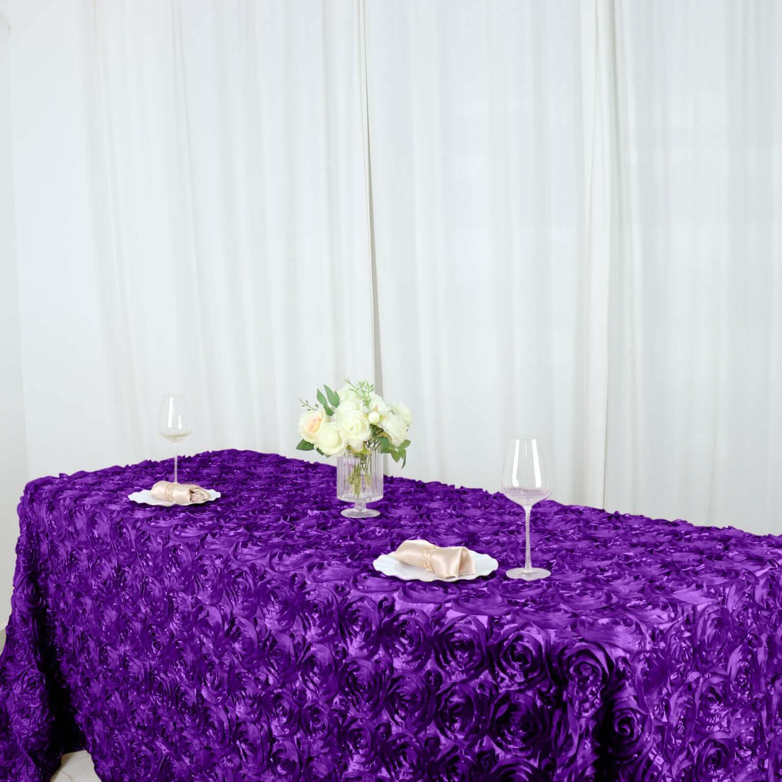 Satin 90"x132" Rectangle Tablecloth Purple - Grandiose 3D Rosette Seamless Table Cover
