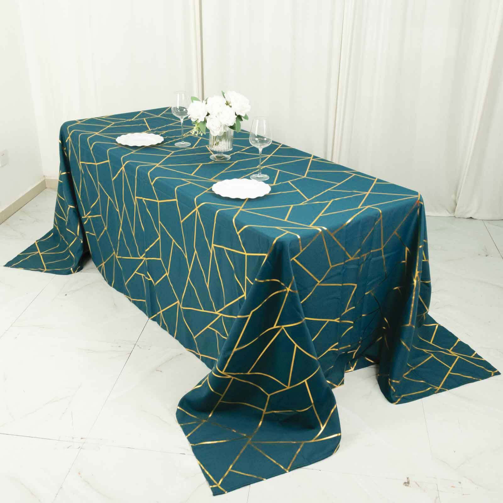 90"x132" Peacock Teal Seamless Rectangle Polyester Tablecloth With Gold Foil Geometric Pattern for 6 Foot Table With Floor-Length Drop