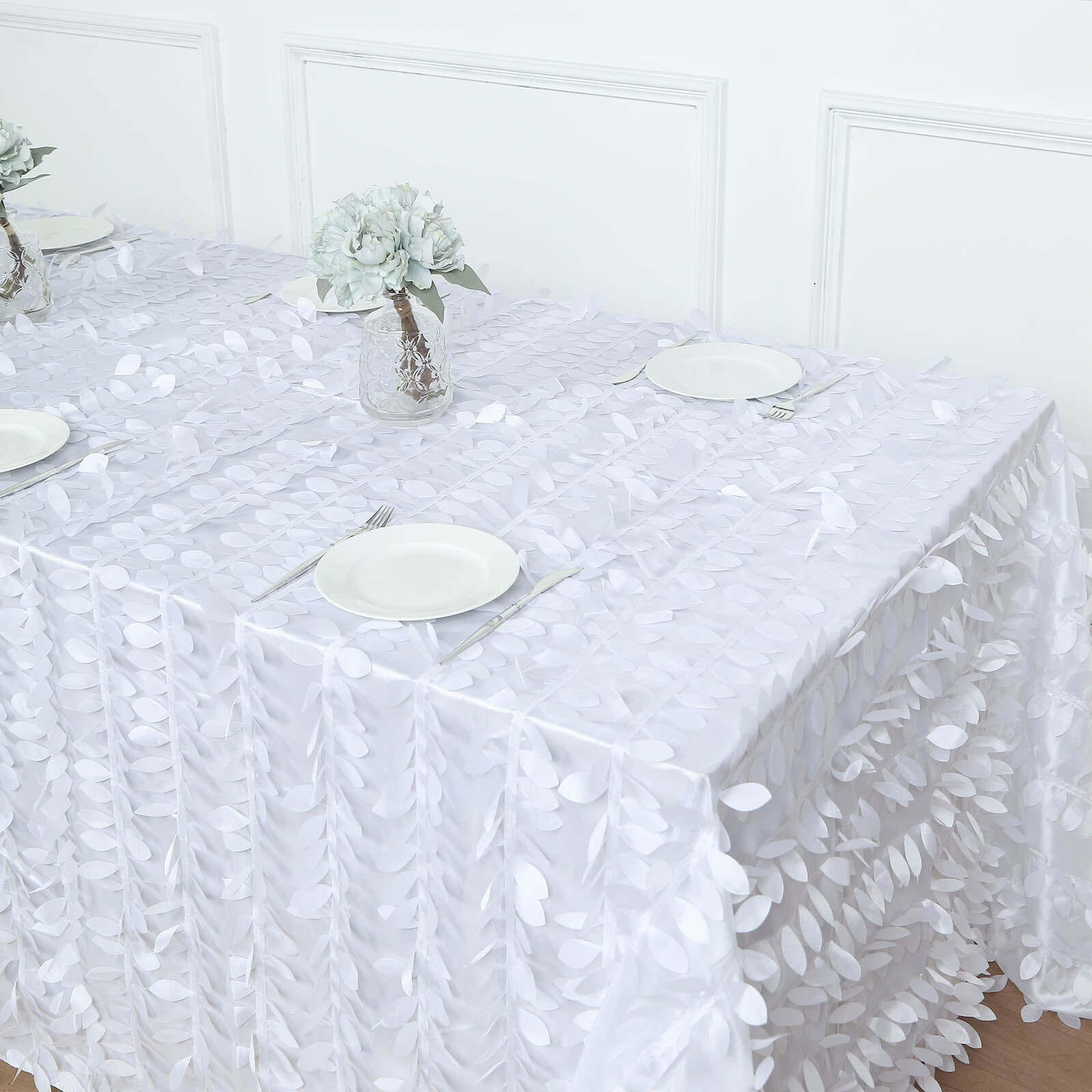 Taffeta 90"x156" Rectangle Tablecloth White | 3D Leaf Petal Design Seamless Table Cover for Stylish Wedding & Event Decor