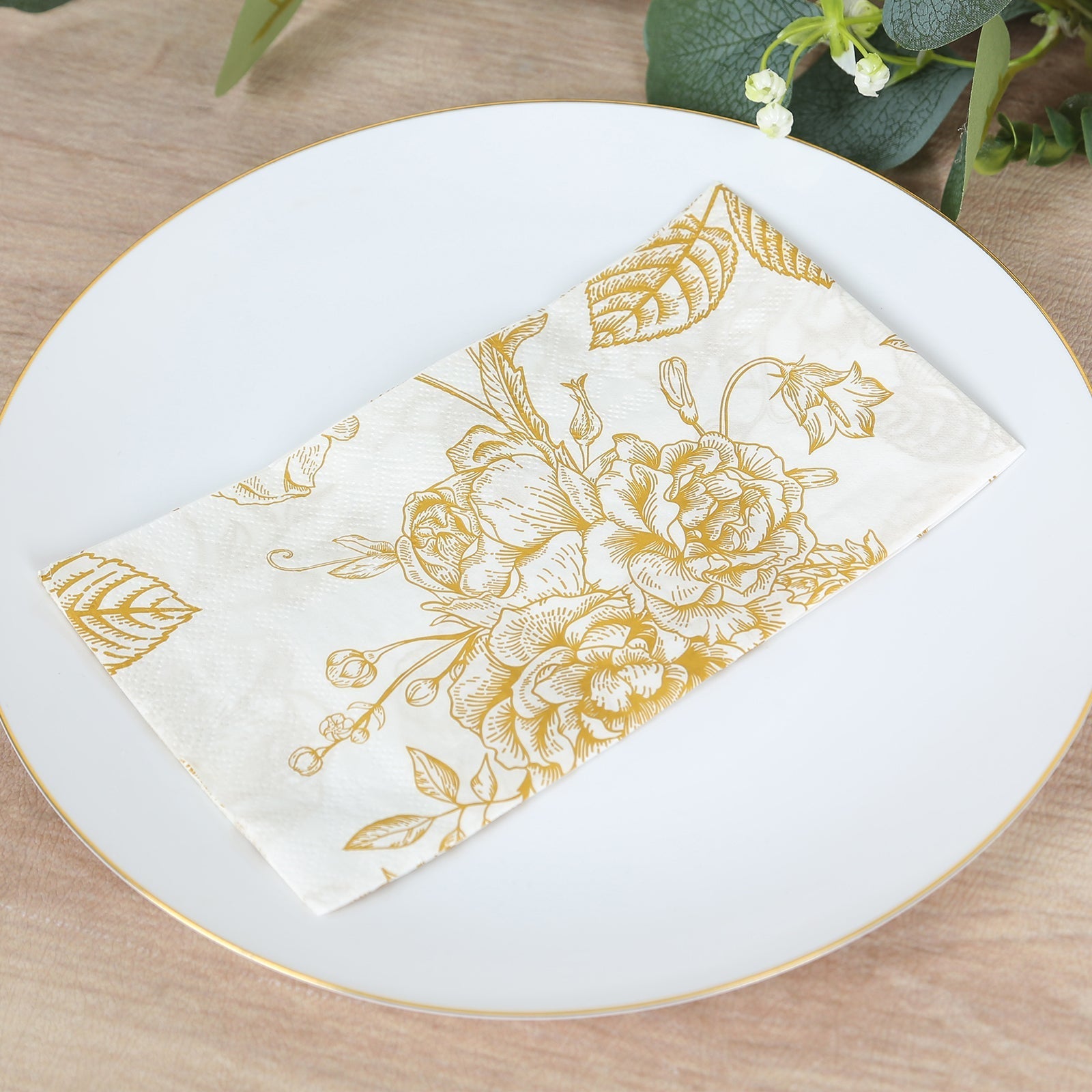 50-Pack Paper Dinner Napkins White with Gold French Toile Floral Pattern 2-Ply - Stylish Disposable Napkins for Events