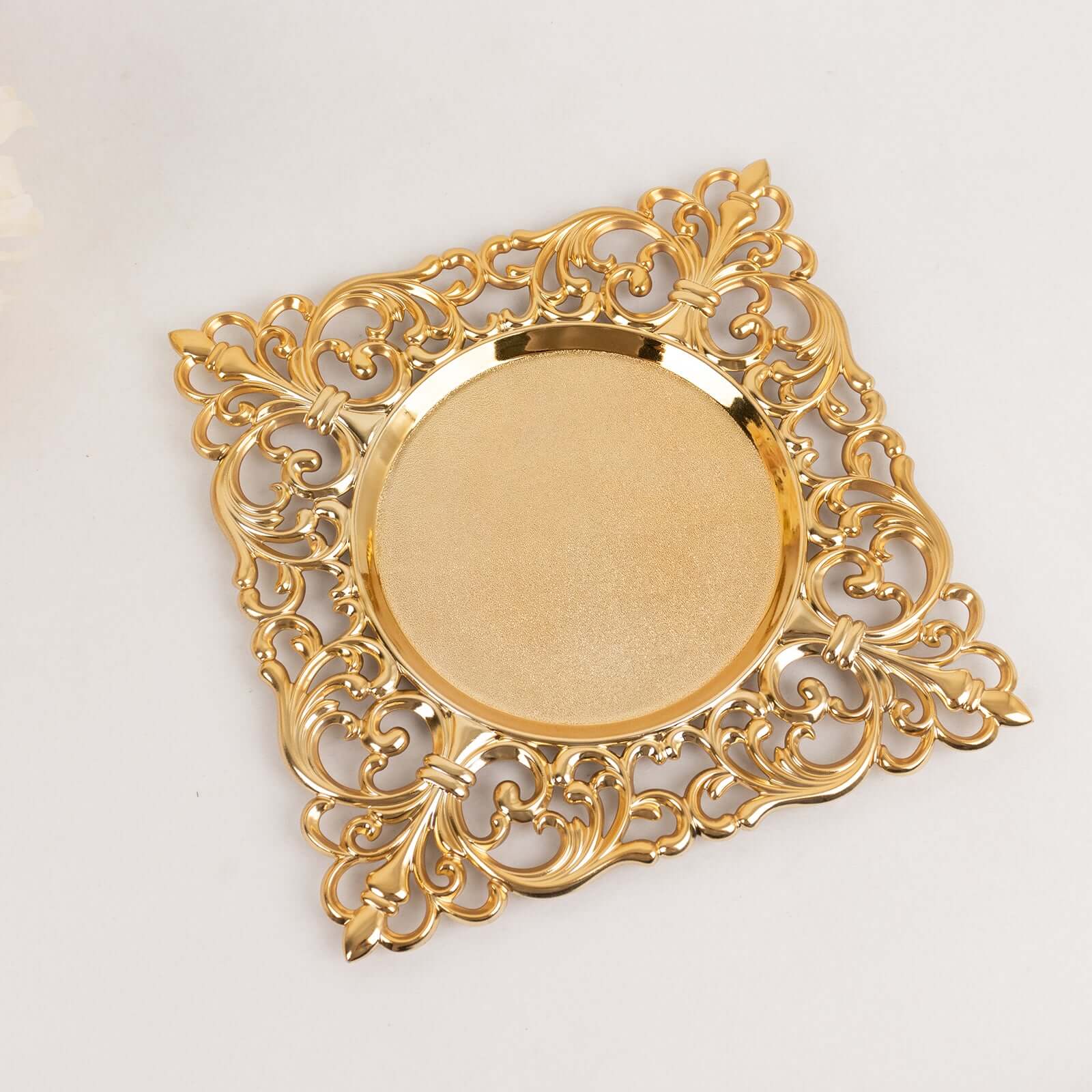 6-Pack Acrylic Square Charger Plates 12" in Gold with Hollow Lace Border, Event Tabletop Decorative Charger Tableware