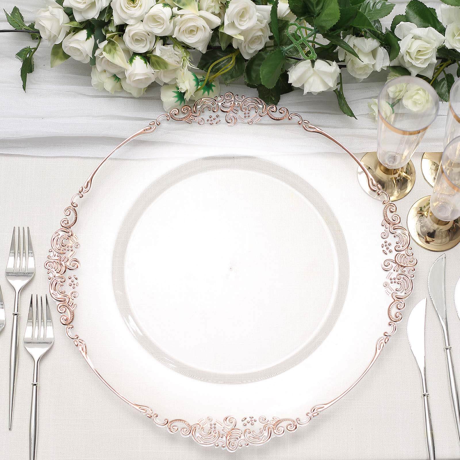 6-Pack Acrylic Round Charger Plates 13" in Clear with Rose Gold Embossed Baroque Rim, Antique Decorative Dinner Party Charger Tableware