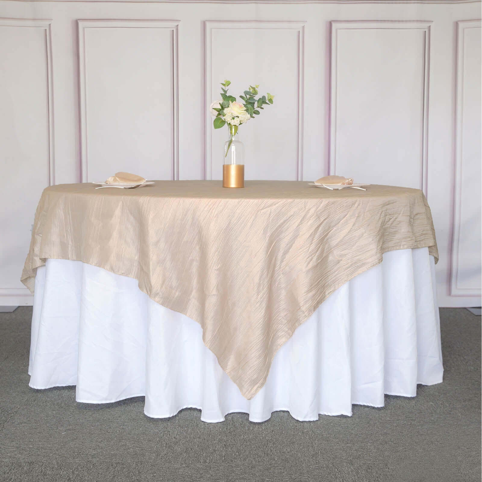 Taffeta 90"x90" Table Overlay Square Tablecloth Beige - Accordion Crinkle Table Cover