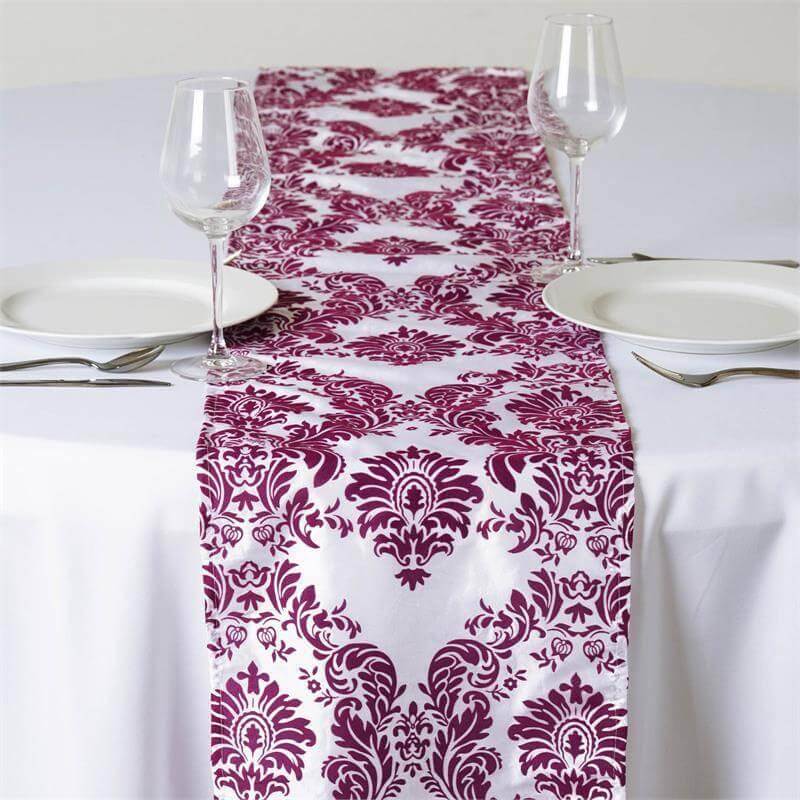 12"x108" Eggplant Taffeta Damask Flocking Table Runner
