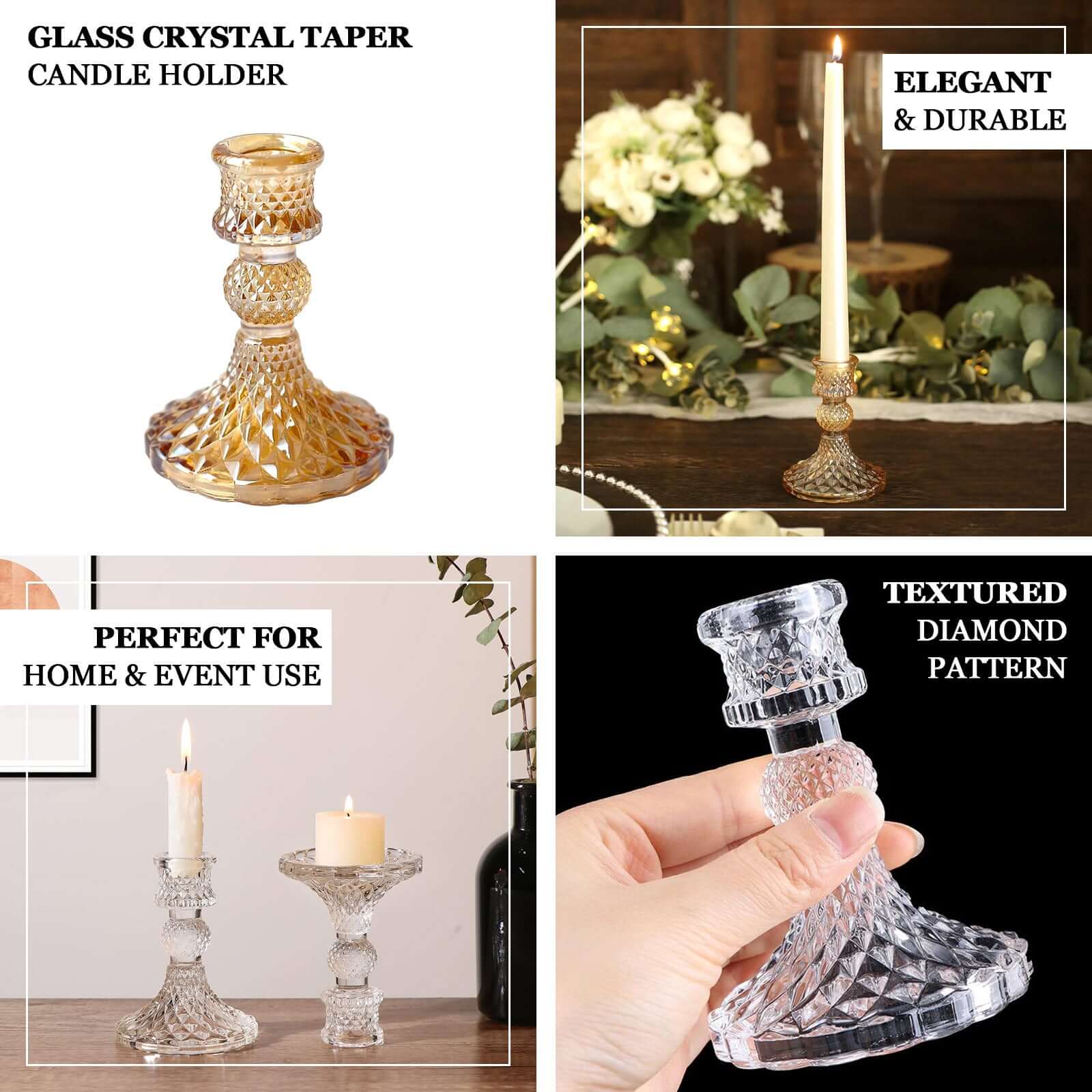 6-Pack Glass Taper Candlestick Holders Diamond Pattern Design Lavender Lilac - Reversible Crystal Pillar Votive Stands 4"