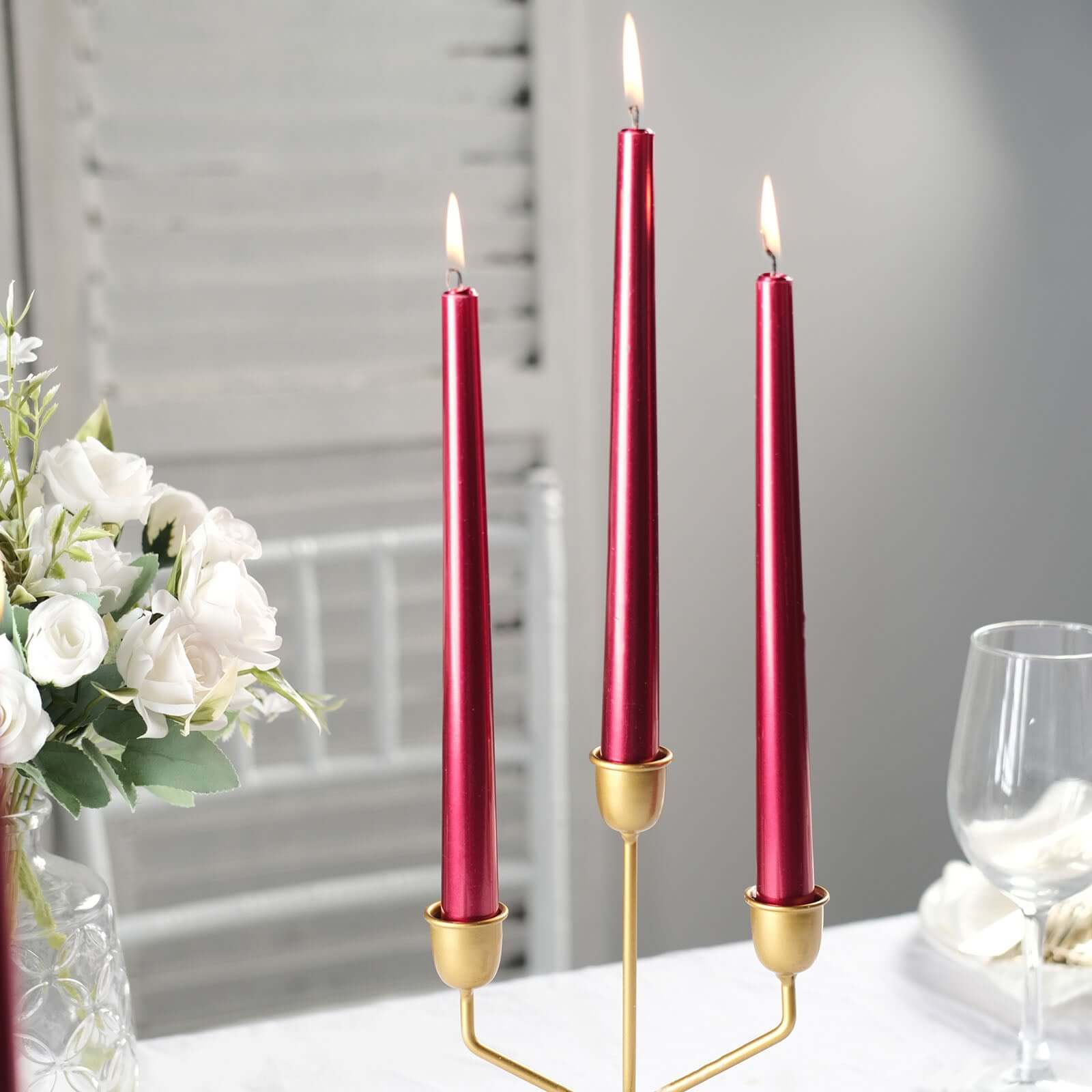 12-Pack Taper Candles Premium Wax Design Metallic Red - Unscented Candles for Upscale Settings 10"