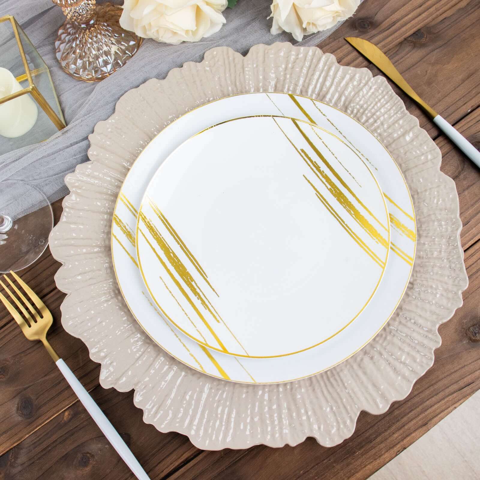 6-Pack Acrylic Plastic Round Charger Plates 13" in Taupe with Reef Design, Dinner Charger Tableware