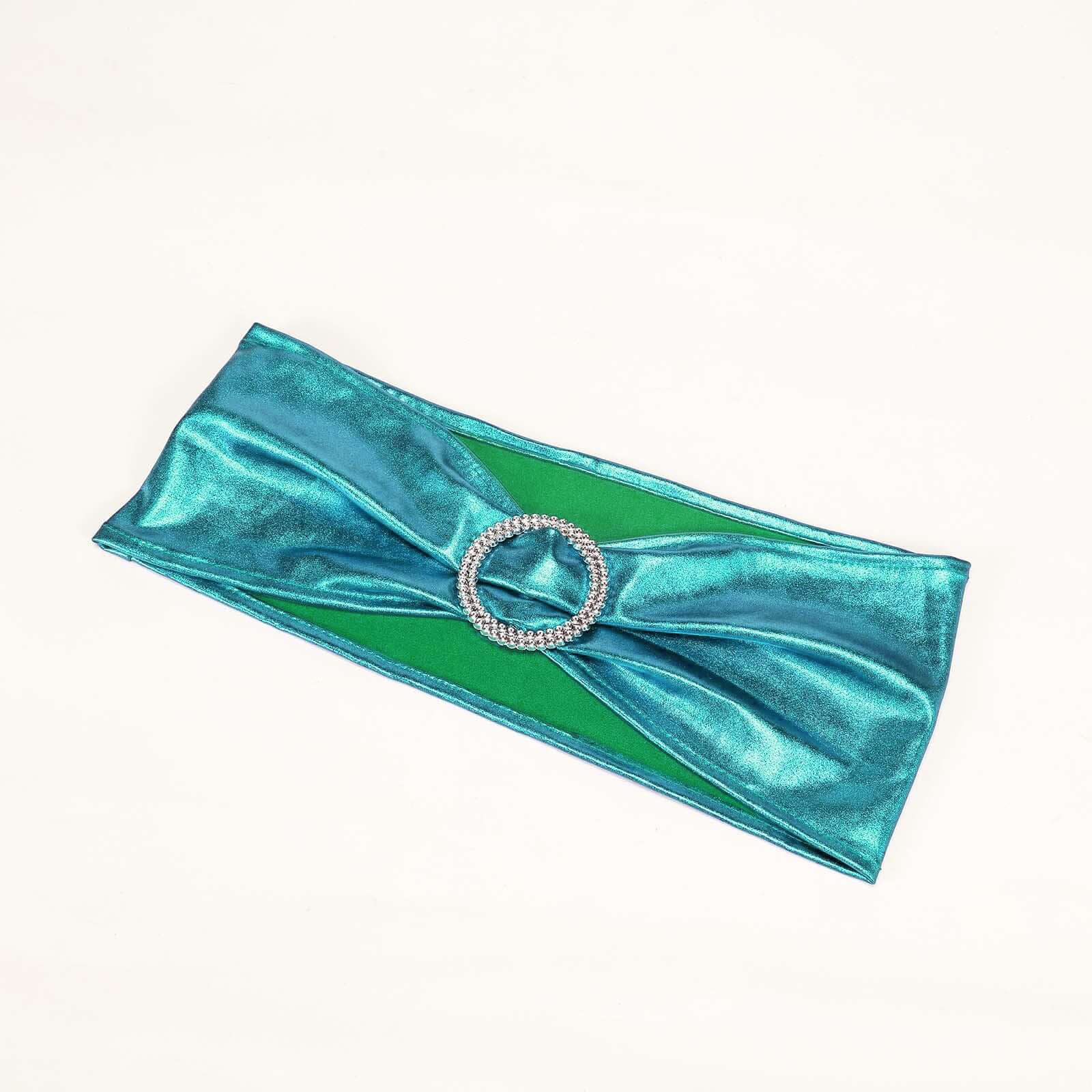 5 Pack Metallic Spandex Chair Sashes Peacock Teal - Stretch Fit Chair Bands With Round Diamond Buckles