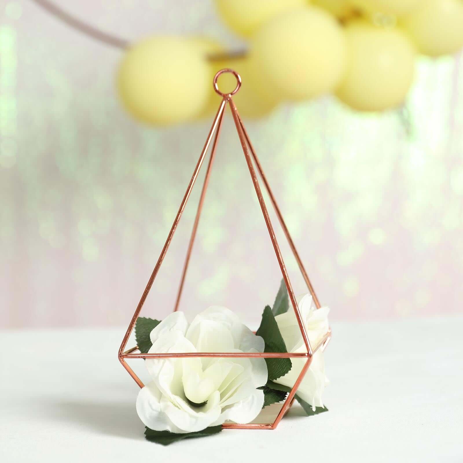2-Pack Tealight Candle Holders Rose Gold Metal Pyramid Geometric Open Frame - Flower Stand 9"