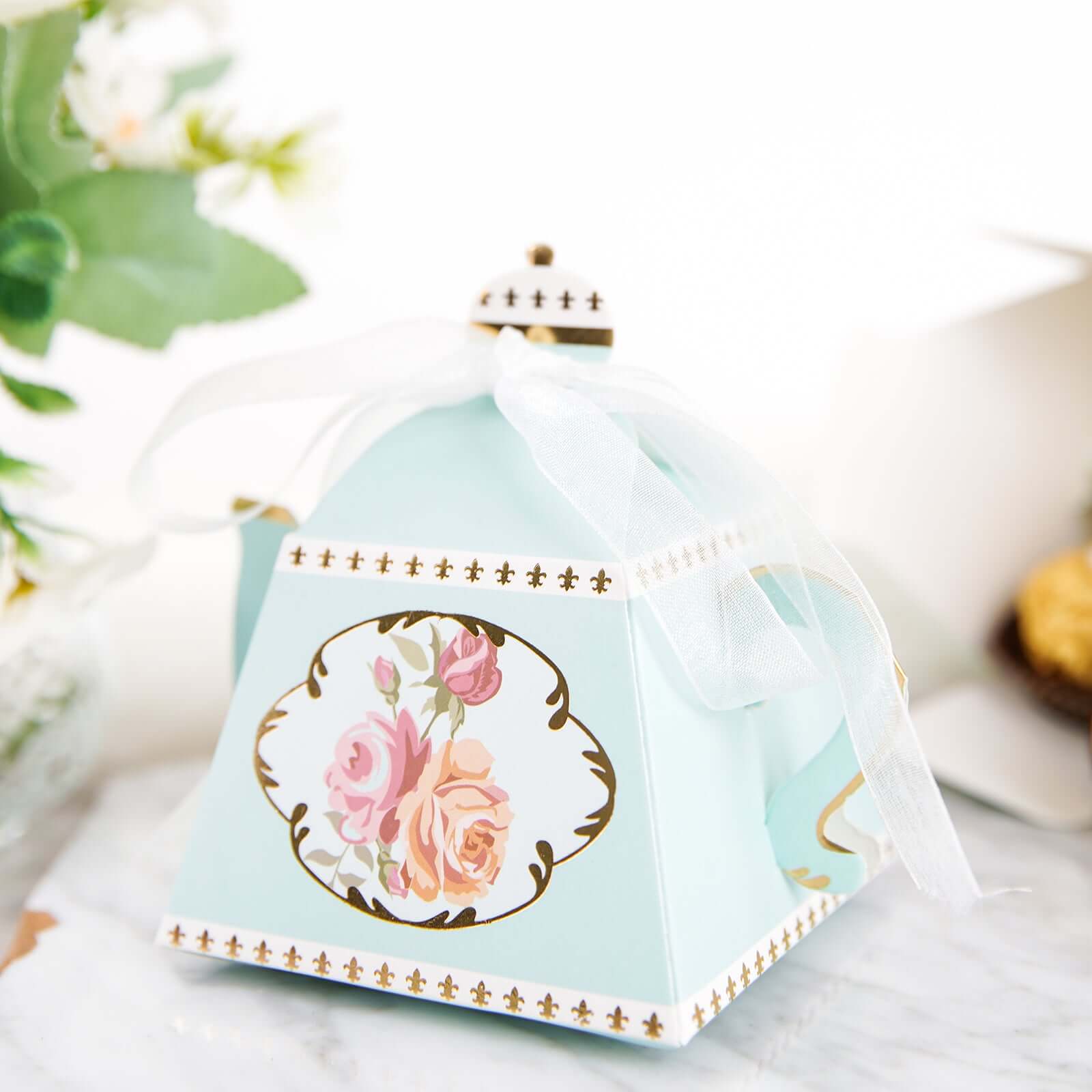 25 Pack 4" Light Turquoise Mini Teapot Favor Boxes, Vintage Rose Gift Boxes with Ribbons