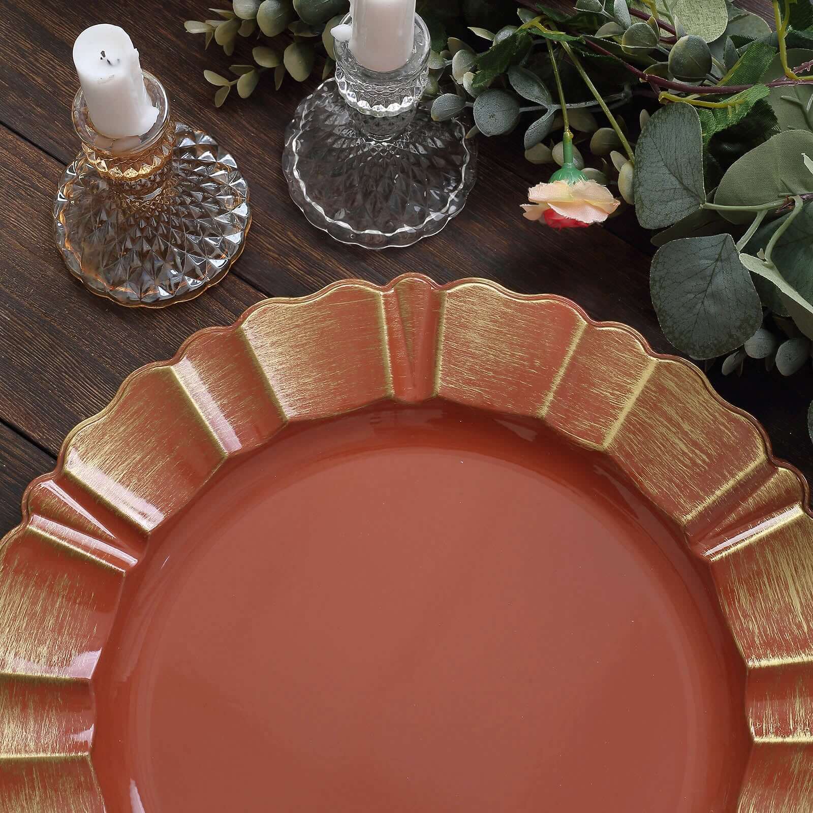 6-Pack Acrylic Plastic Round Charger Plates 13" in Terracotta (Rust) with Gold Brushed Wavy Scalloped Rim, Decorative Dinner Party Charger Tableware