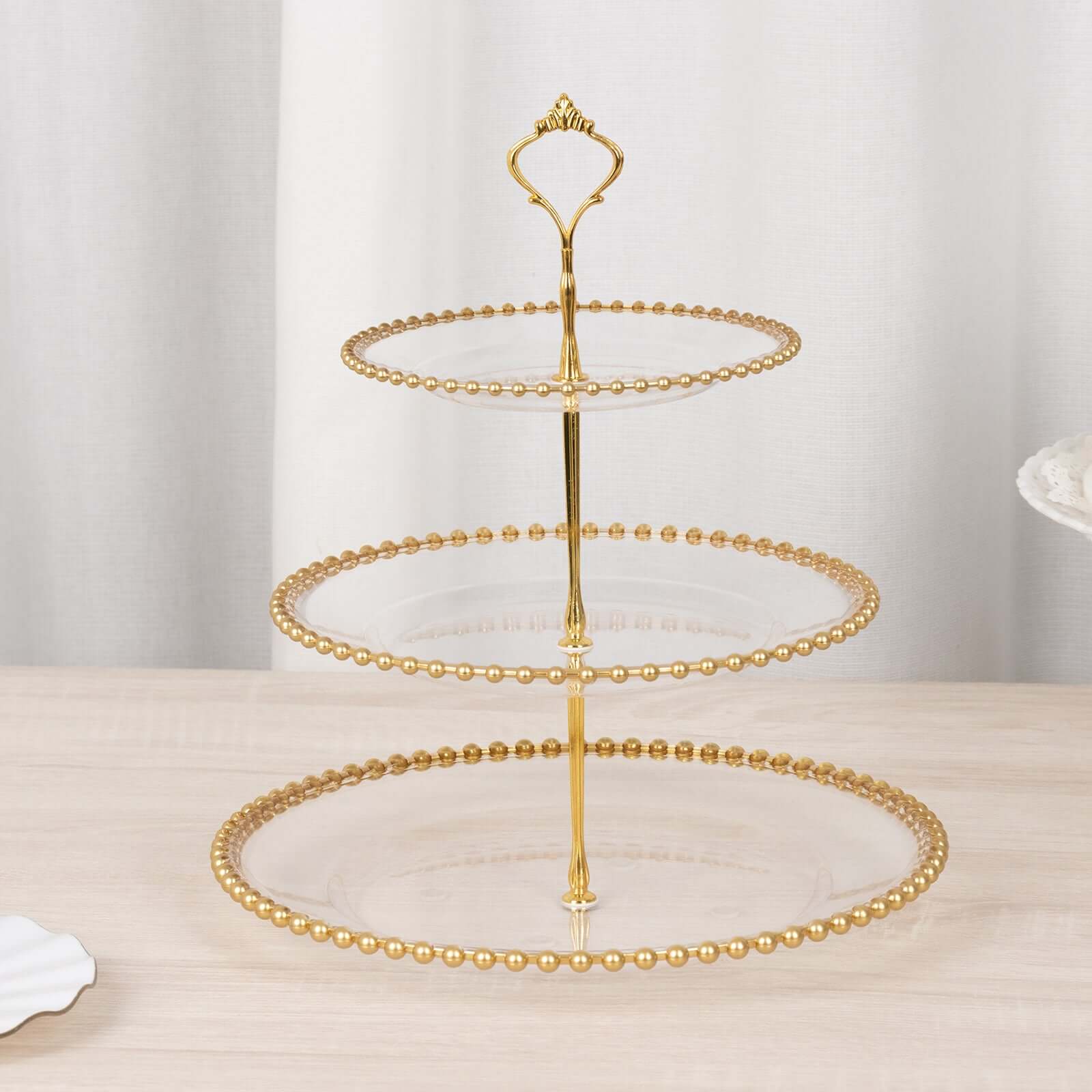 3-Tier Plastic Round Cupcake Tower Stand Clear - Versatile Dessert Display Tea Party Serving Platter with Gold Beaded Rim & Top Handle 14"