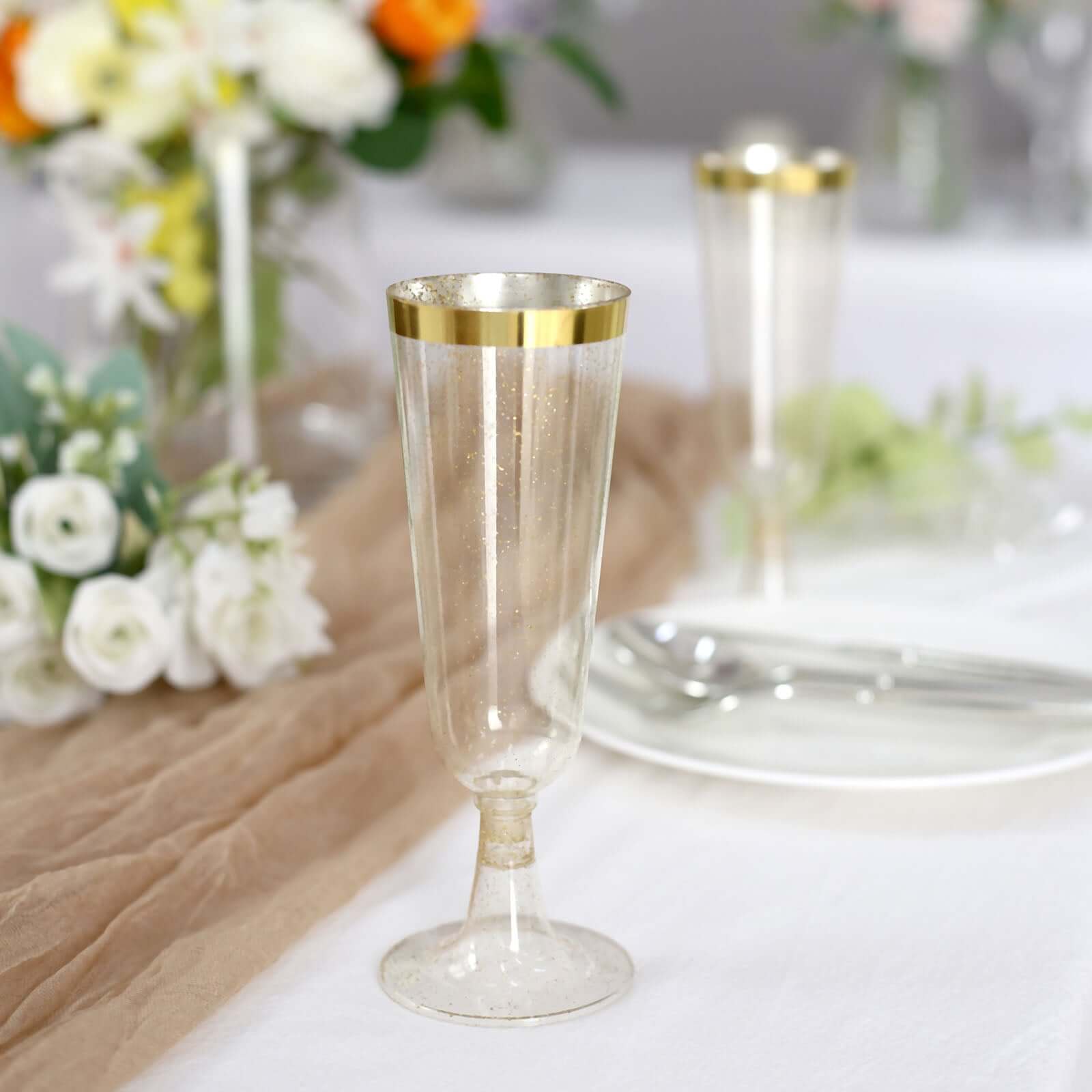 12-Pack Plastic Champagne Flutes Clear Gold Glittered with Gold Rim - Stylish Disposable Cocktail Glasses for Parties 5oz 6"
