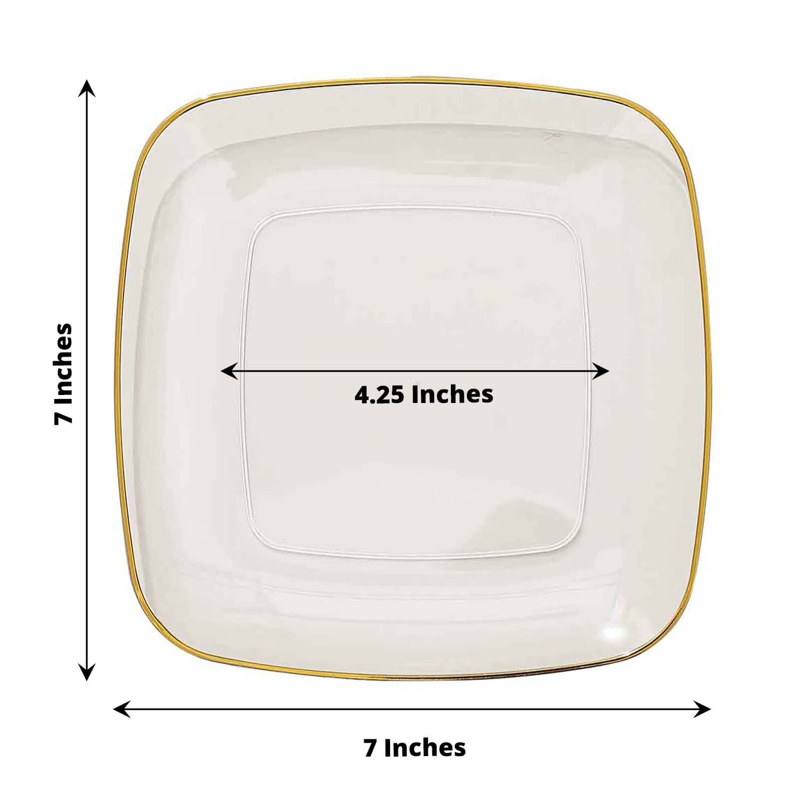 10-Pack Plastic 7" Square Dessert Plates in Clear with Gold Rim - Classy Disposable Appetizer Salad Plates