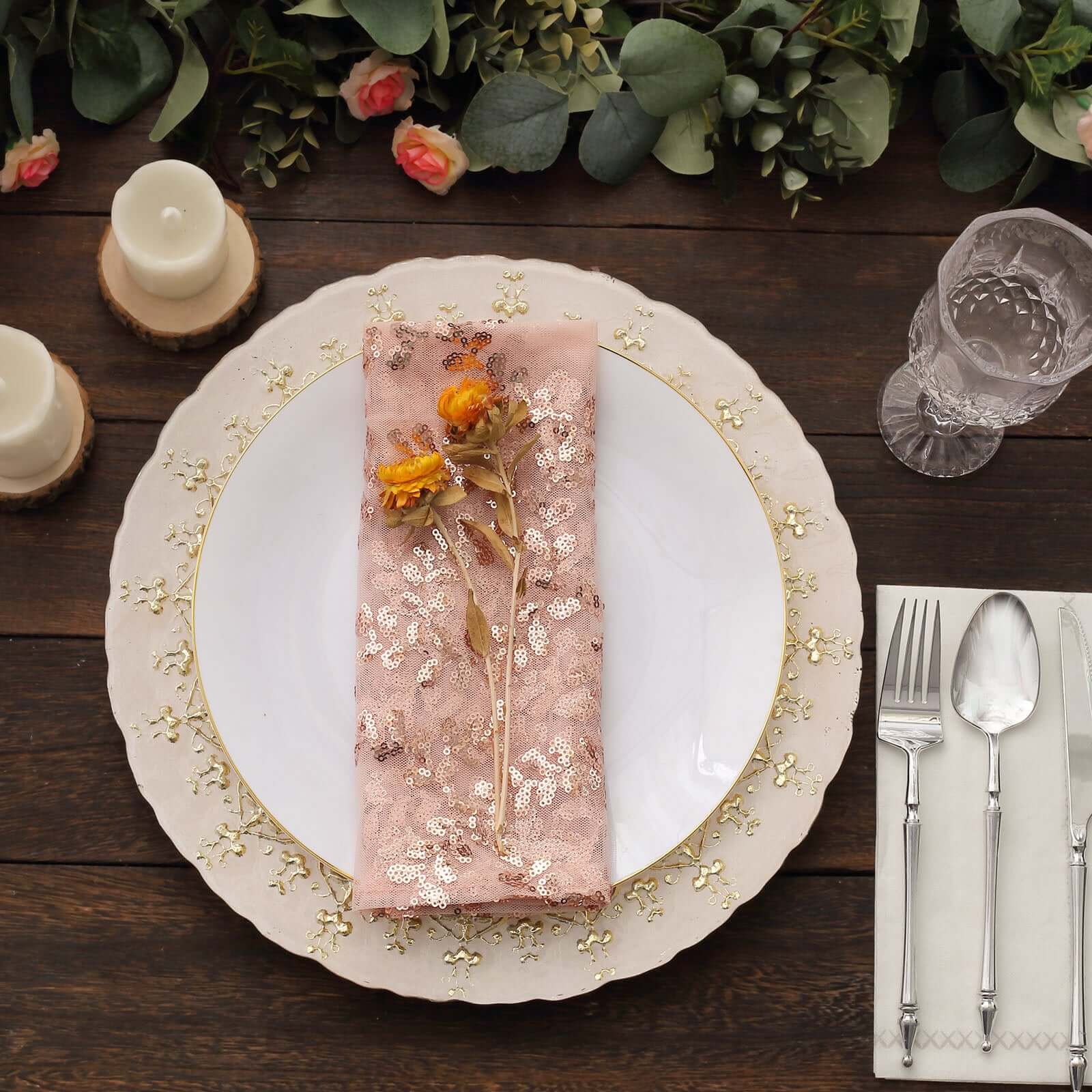 Sequin Tulle 20"x20" Napkin Rose Gold - Embroidered Leaf Vine Dinner Napkins