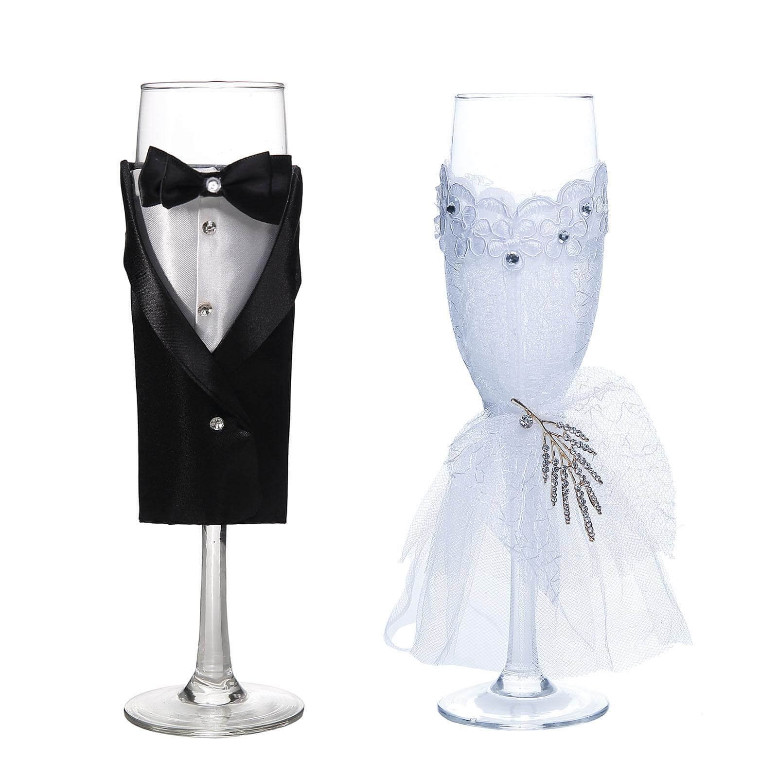 Set of 2 Clear Champagne Flutes with Black Bride and Groom Koozies - Wedding Toast Glasses 9"