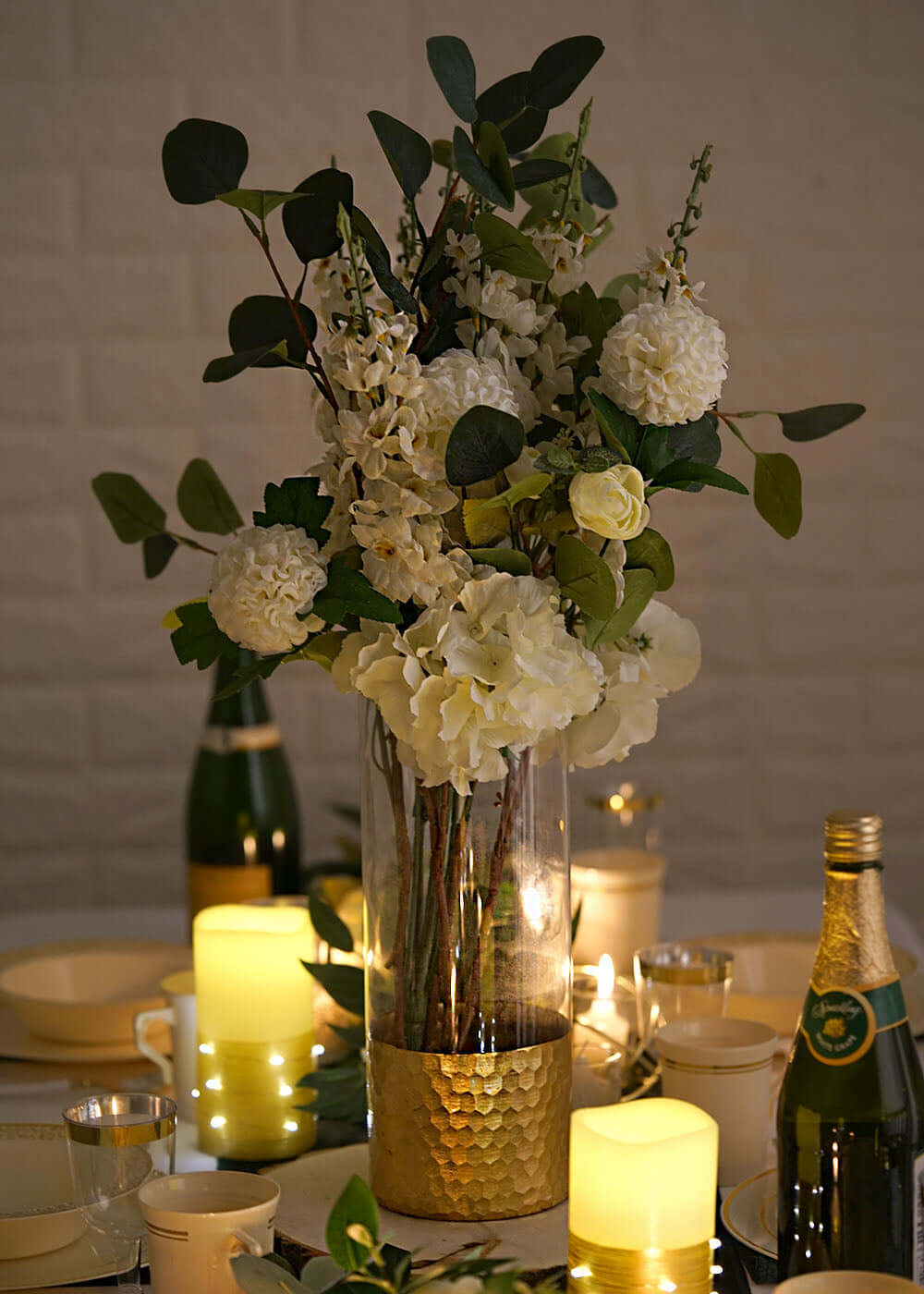 2-Pack Glass Cylinder Vases Honeycomb Design Clear with Gold Base - Decorative Candle Holder Centerpieces 12"