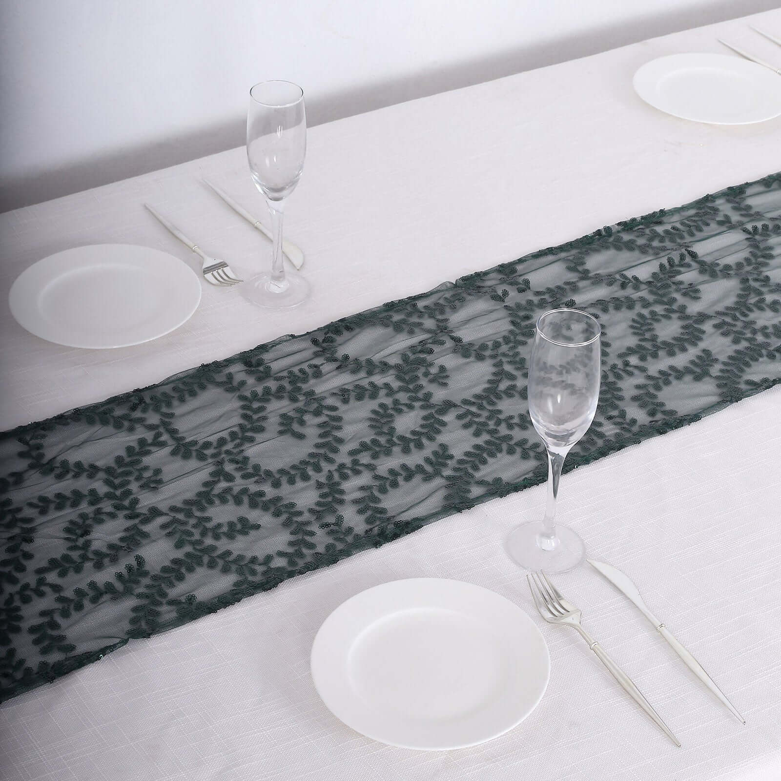 Mesh 12"x108" Table Runner Hunter Emerald Green - Leaf Vine Embroidery