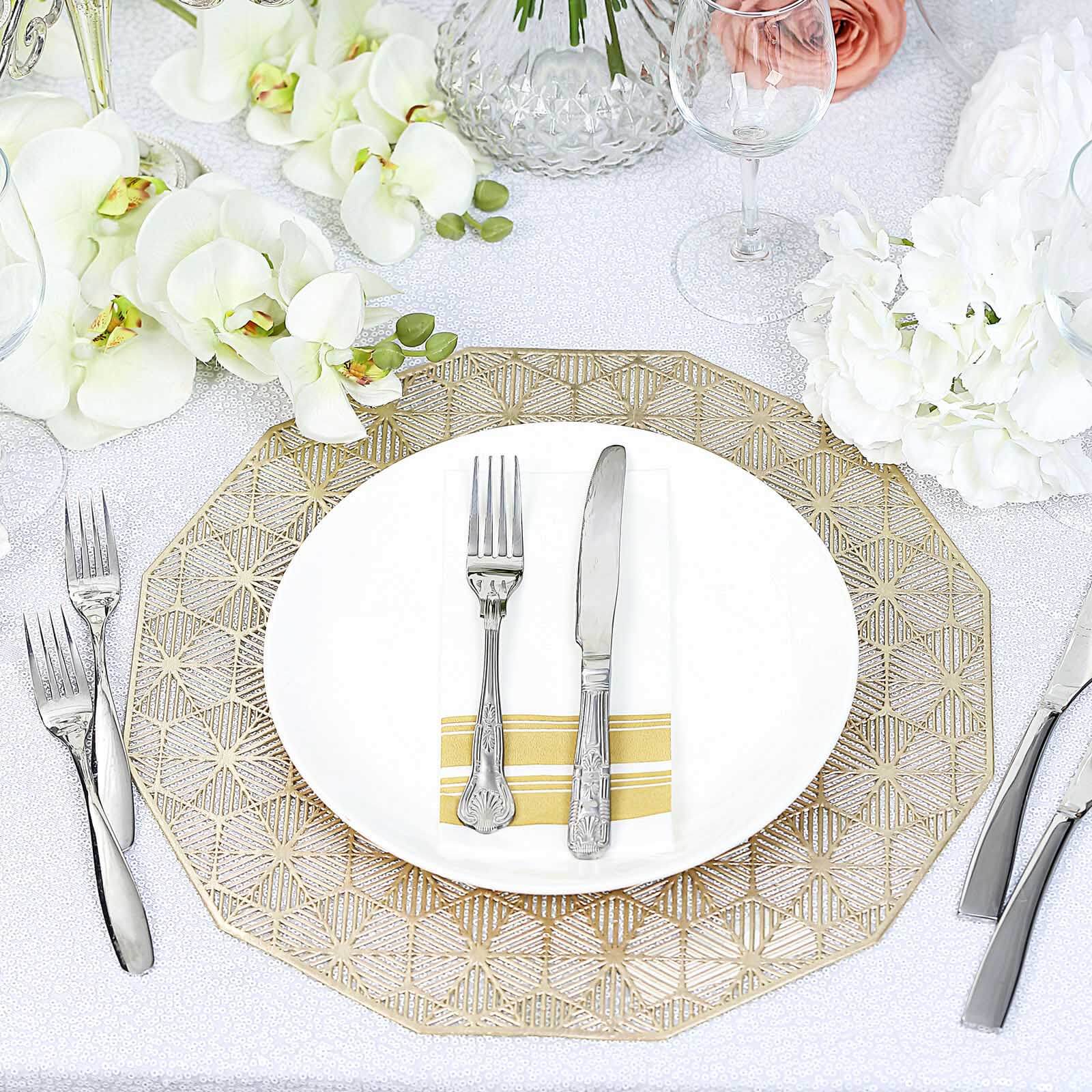 6-Pack Dining Table Mats Geometric Woven Design Gold - Vinyl Non-Slip Surface for Modern Table Settings 15"