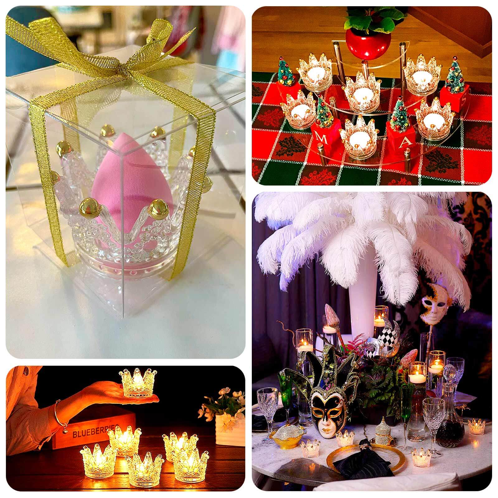 6-Pack Glass Crown Votive Candle Holders Clear Crystal Design with Gold Beaded Tips - Tea Light Holders 3"x2"