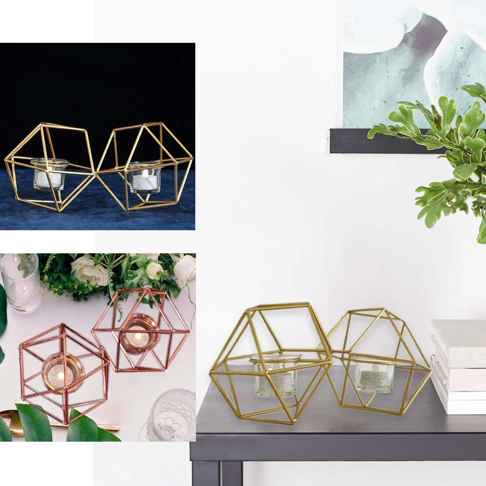 Set of Metal Candle Holders Linked Geometric Design Gold - Modern Table Decor with Votive Glass for Gatherings 11"