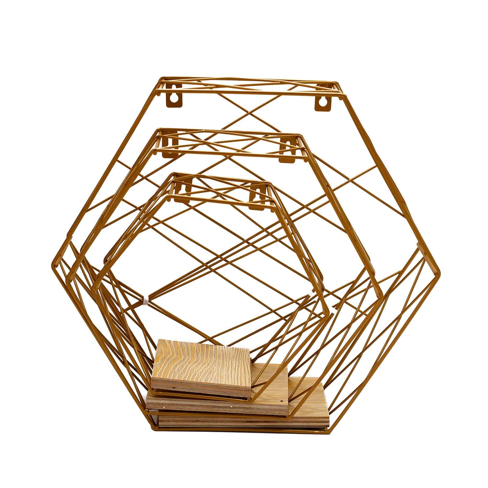 3 Pack Gold Hexagonal Floating Wall Shelves, Decorative Geometric Wall Mounted Shelves - 9",12",14"