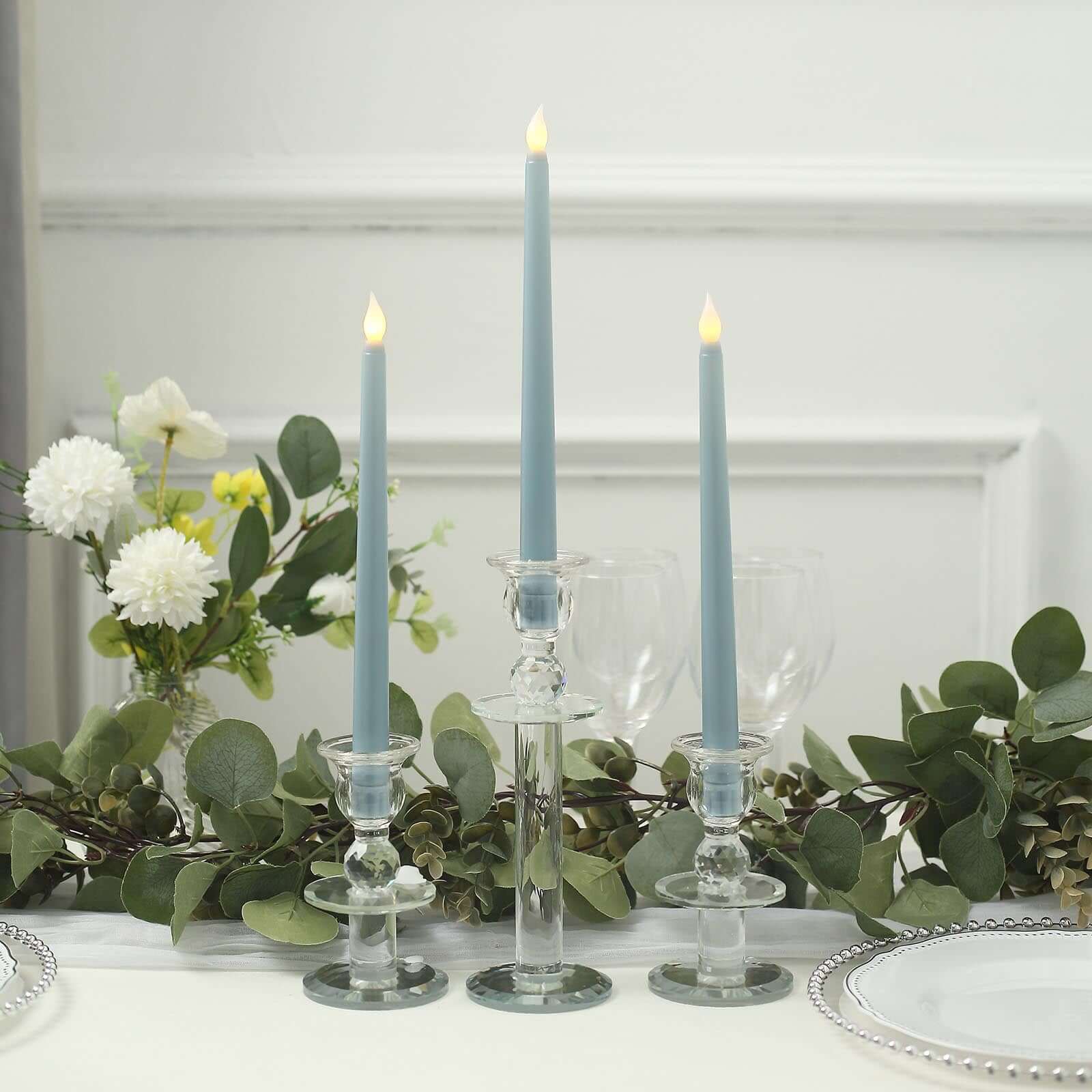 3-Pack LED Decorative Lighting Warm Flickering Dusty Blue - Flameless Taper Candles 11"