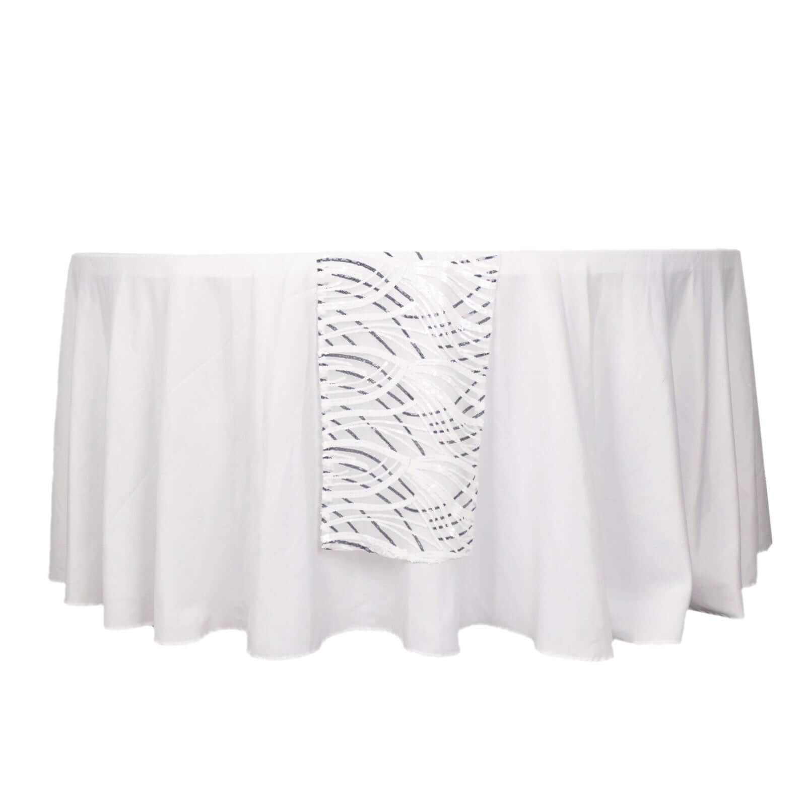 Sequin Mesh 12"x108" Table Runner White Black Stylish Wave Embroidery
