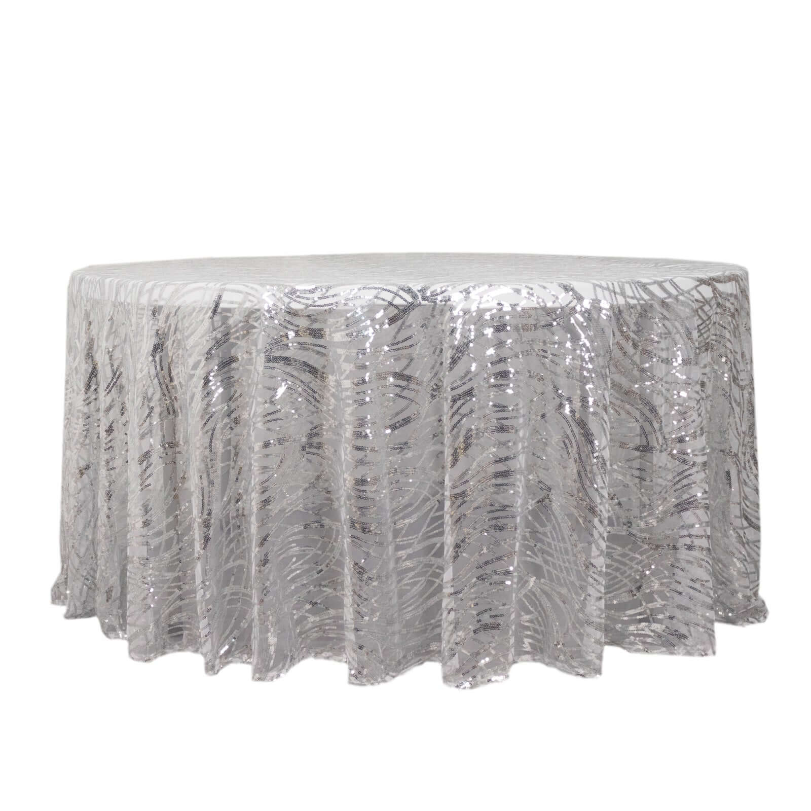 Sequin Mesh 120" Round Tablecloth Silver - Seamless Wave Embroidered Table Cover