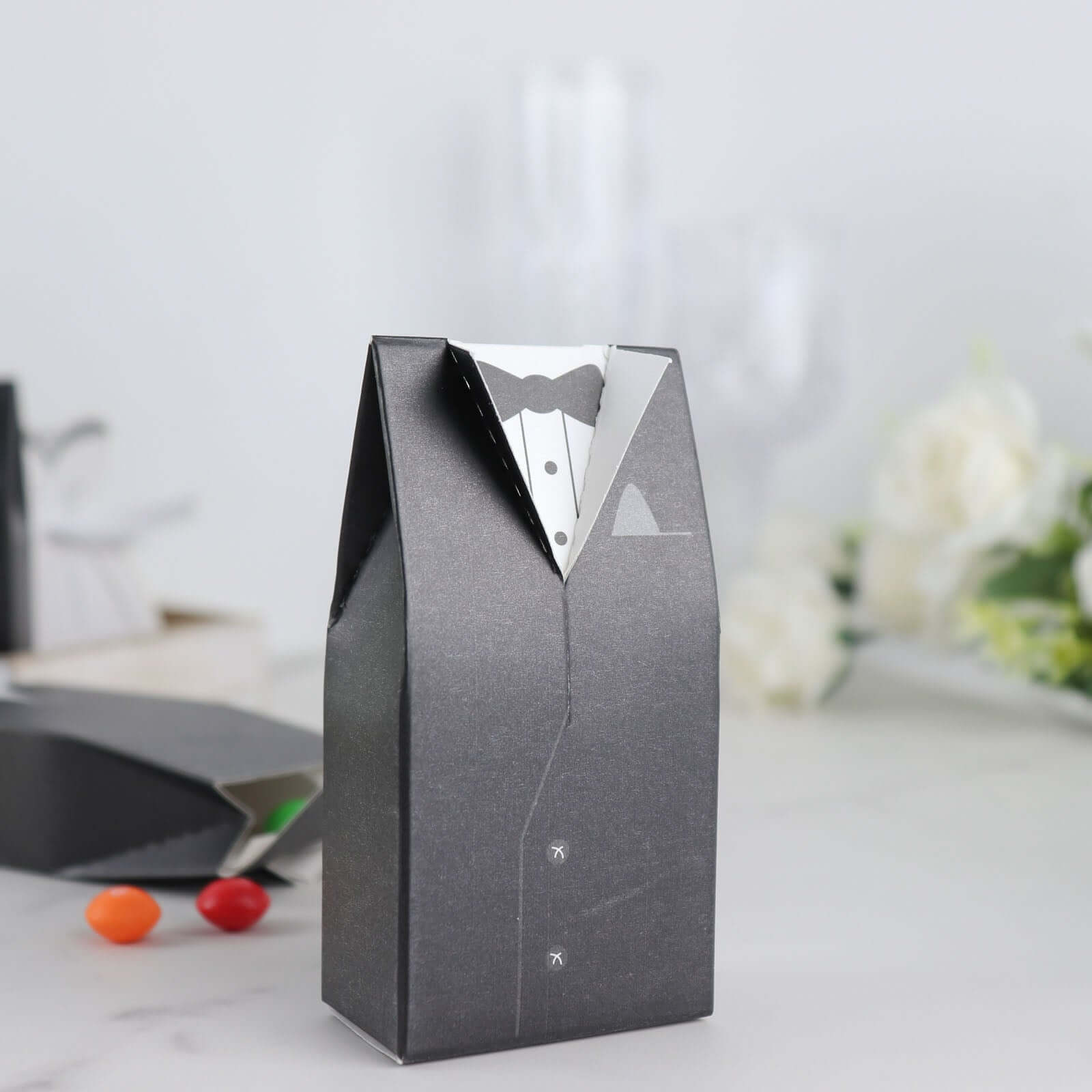50 Pcs Set Wedding Dress and Tuxedo Shower Party Favor Candy Gift Boxes with Ribbon Ties