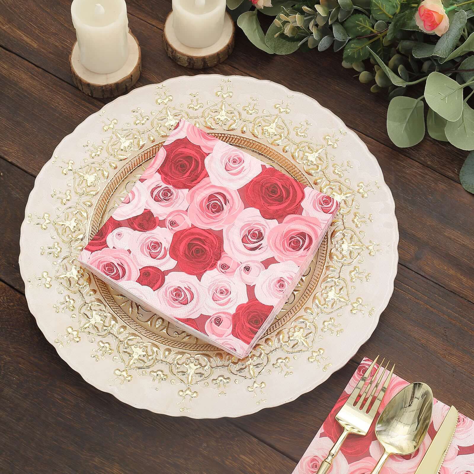 50-Pack Paper Beverage Napkins with Floral Design Red/Pink - 2 Ply Soft 18GSM Rose Garden Wedding Napkins 6.5"x6.5"