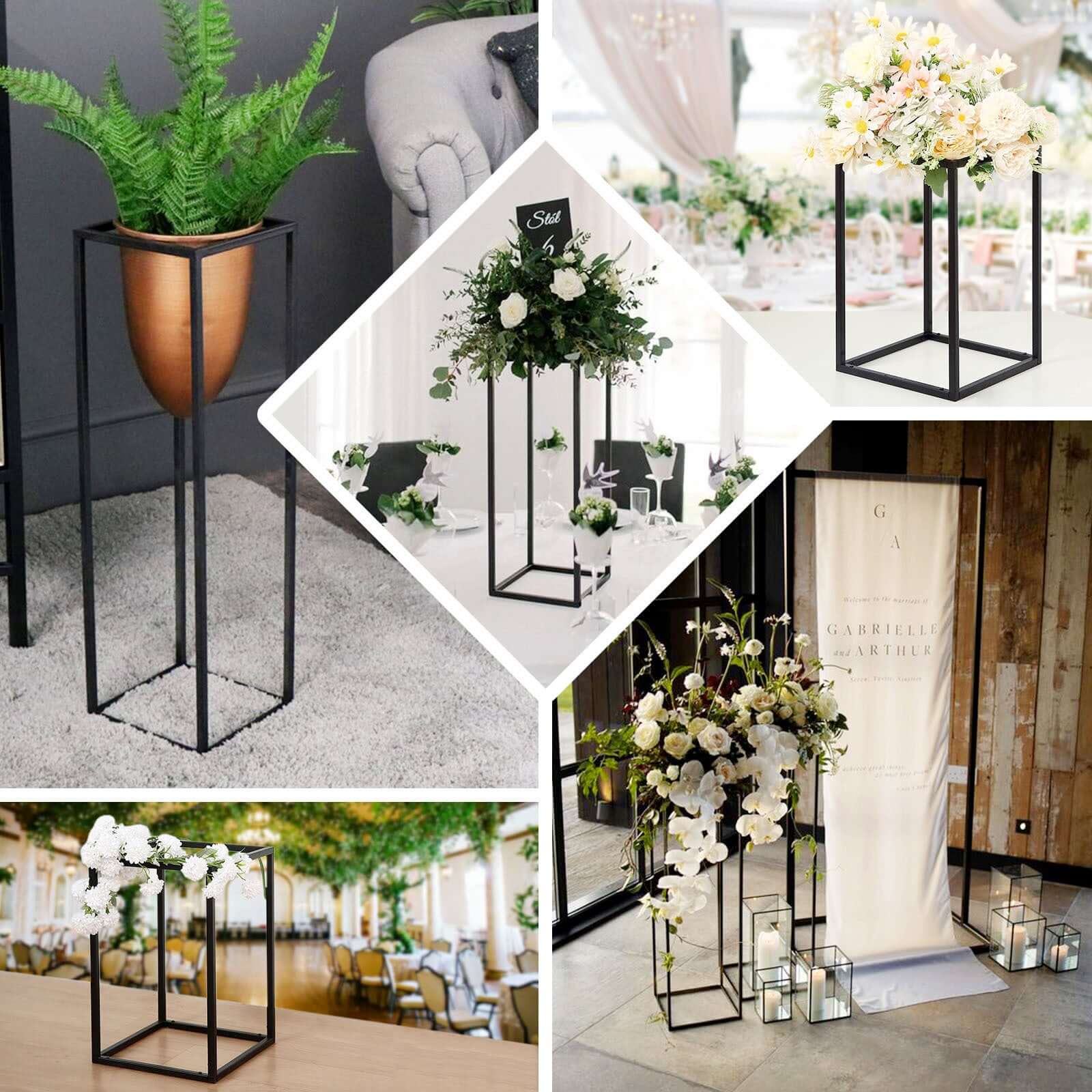 Set of 4 Metal Flower Stands Frame Wedding Column Centerpieces Matte Black - Durable Display 16"/24"/32"/40"