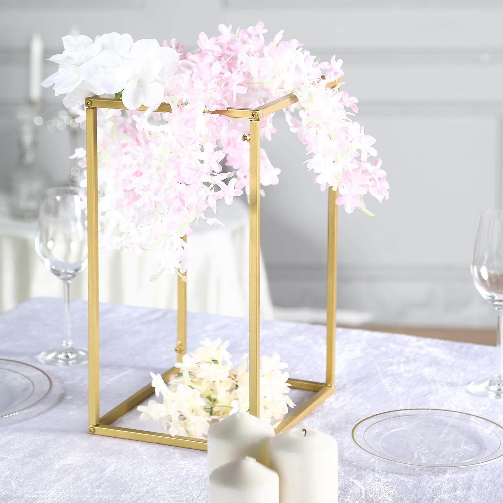 2-Pack Wedding Flower Stand Gold Metal Geometric Column Frame Rectangular - Versatile Floral Pedestal for Sophisticated Arrangements 16"