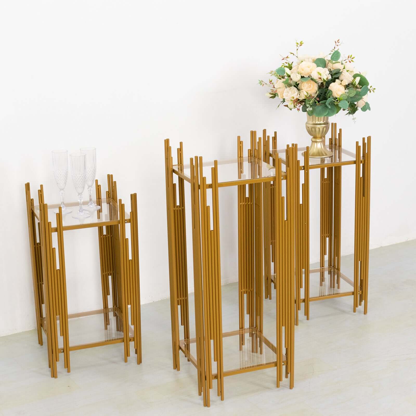 Set of 3 Wedding Pedestal Stands Square Acrylic Plate Design Gold - Metal Flower Display Plinths 26",30",34"