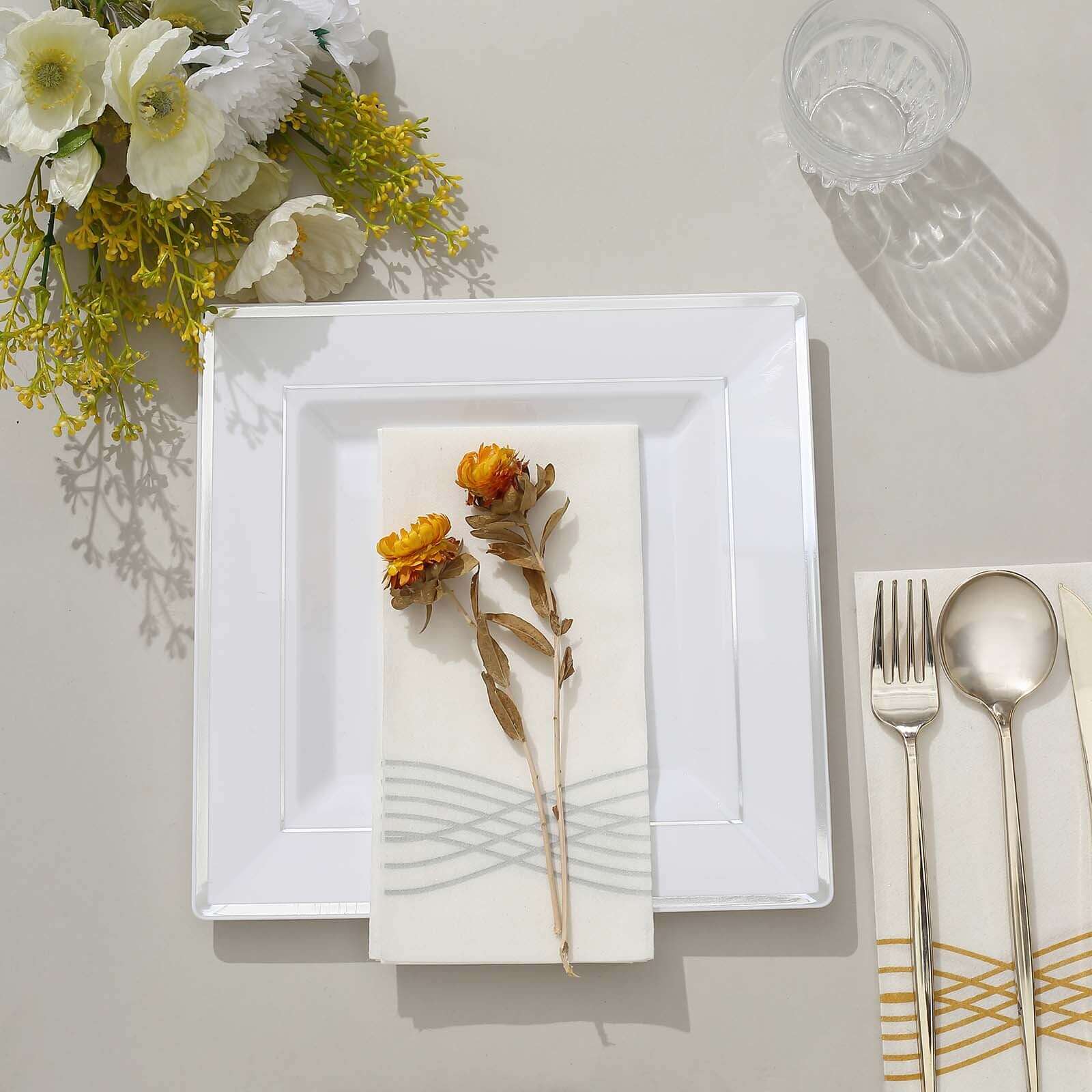 10-Pack Plastic Dinner Plates White Square with Silver Trim - Lightweight Disposable Plates for Events 10"