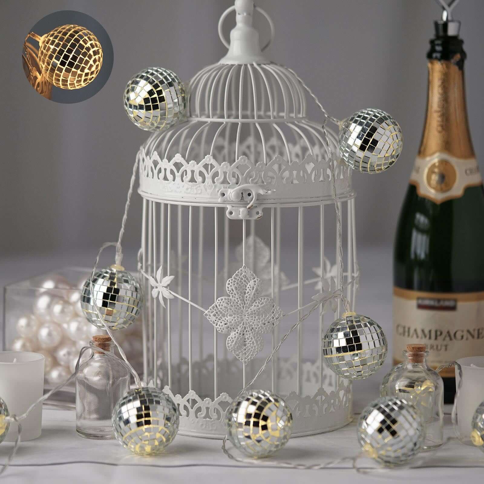 10 LED String Light Garland Silver Disco Mirror Ball Warm White - Battery Operated Event Décor 6ft