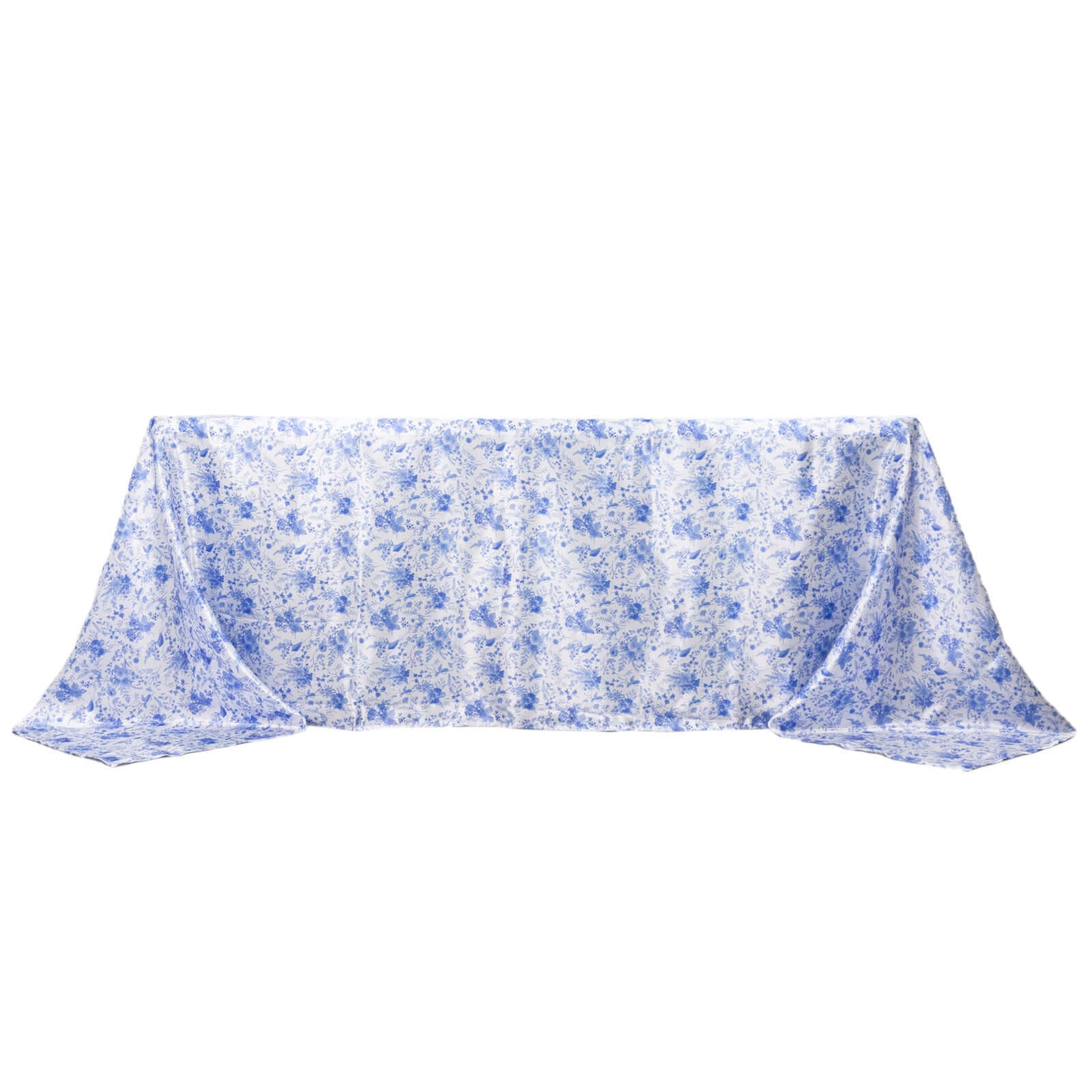 Satin Round 90"x132" Tablecloth White/Blue French Toile Design - Seamless Stylish & Wrinkle-Resistant Table Cover