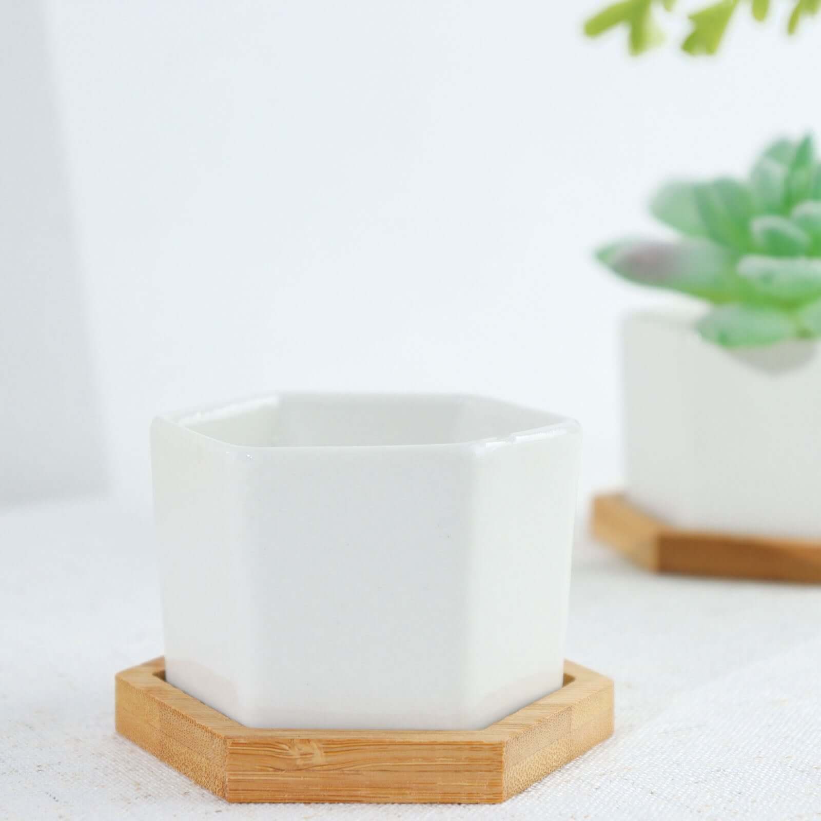 6-Pack Planter Pots Geometric Hexagon Design White - Ceramic Pots with Bamboo Tray and Removable Bottom 3"