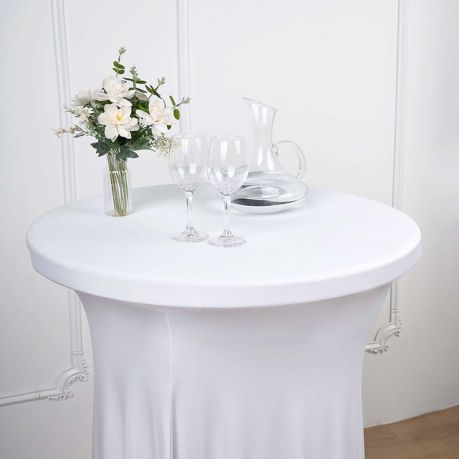 Spandex 32" Round Cocktail Table Cover Skirt White With Natural Wavy Drapes - Stylish & Sophisticated Event Decor