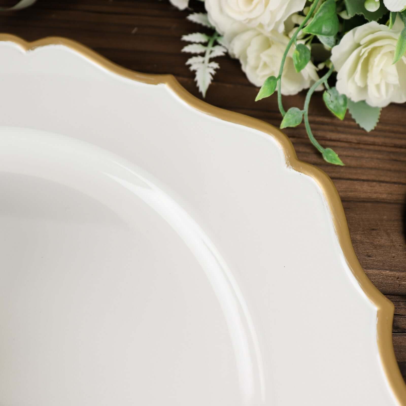 6-Pack Acrylic Round Charger Plates 13" in White with Gold Scalloped Rim, Decorative Dinner Party Plastic Charger Tableware