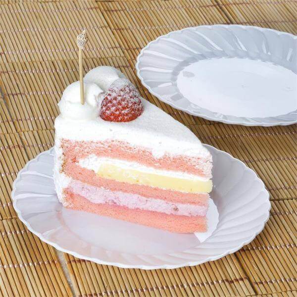 12-Pack Plastic Dessert Plates Glossy White Swirl Rim - Lightweight Round Salad Plates 6"