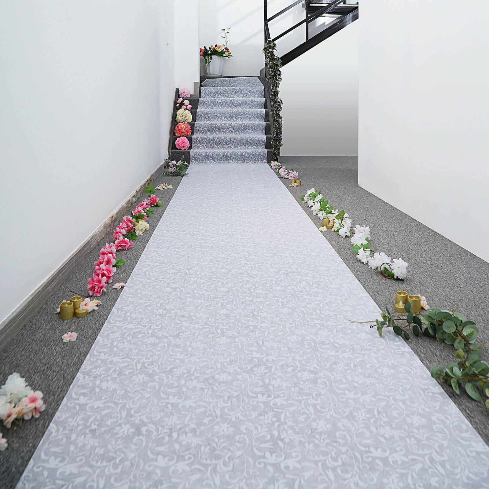 36"x100ft White Floral Lace Aisle Runner