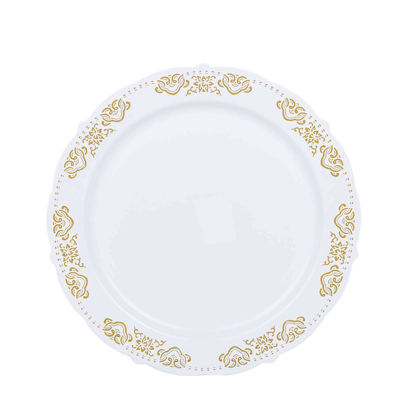 10-Pack Plastic 7.5" Round Appetizer Plates in White with Gold Embossed Scalloped Edge - Chic Disposable Salad Plates for Special Occasions & Banquets