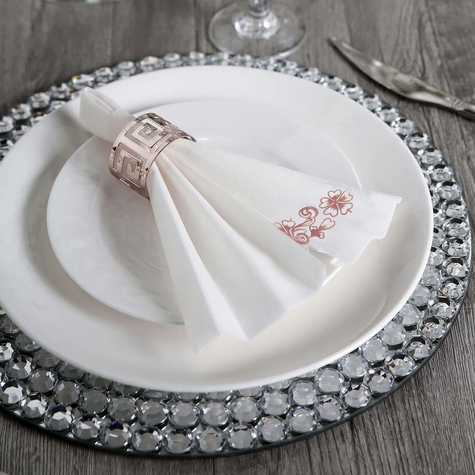 20 Pack White Linen-Feel Dinner Paper Napkins with Rose Gold Floral Print, Premium Cloth-Like Airlaid Disposable Napkins, Soft and Absorbent Guest Towels