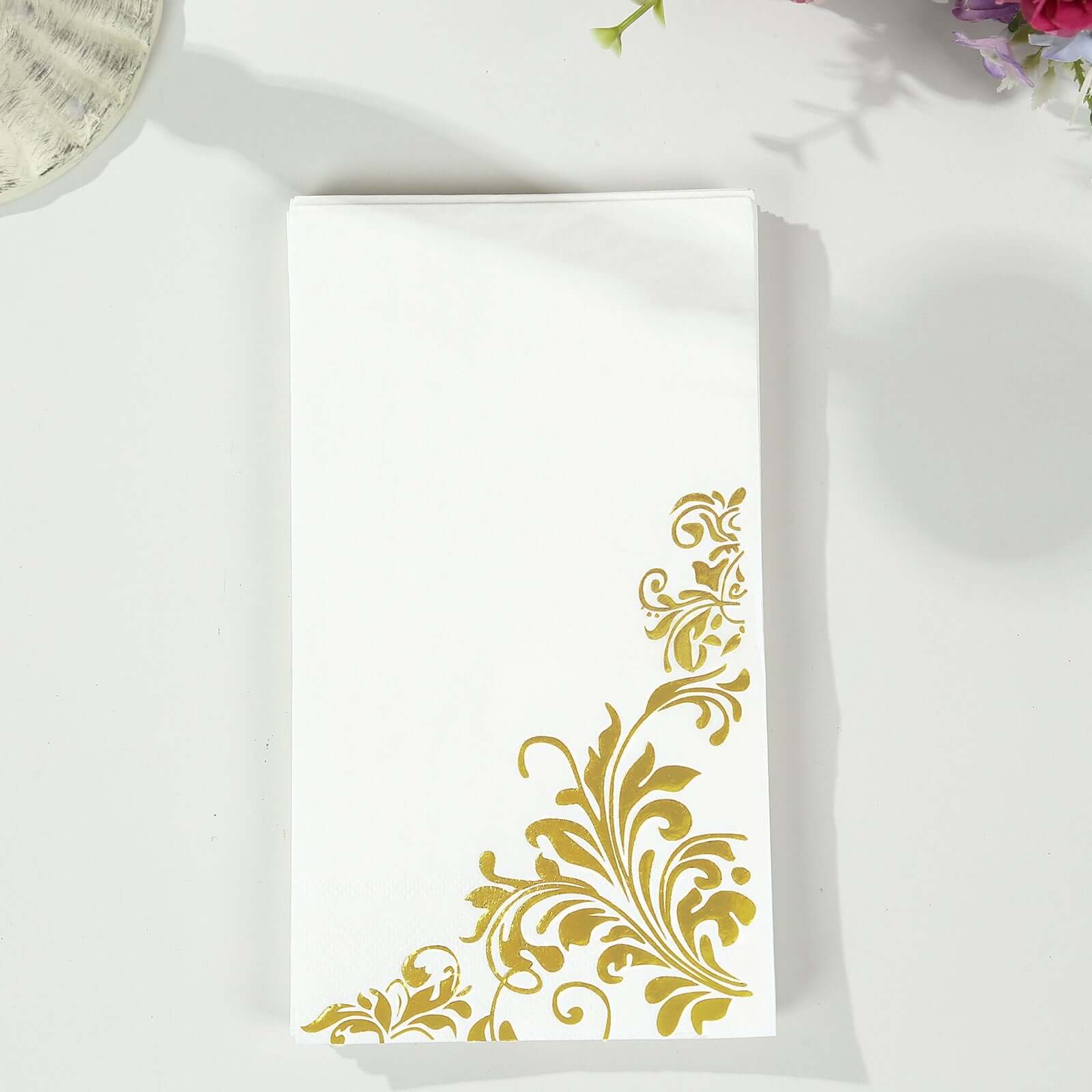 50-Pack Paper Napkins White with Gold Baroque Floral Print - Stylish Disposable Dinner Napkins 8"x4"